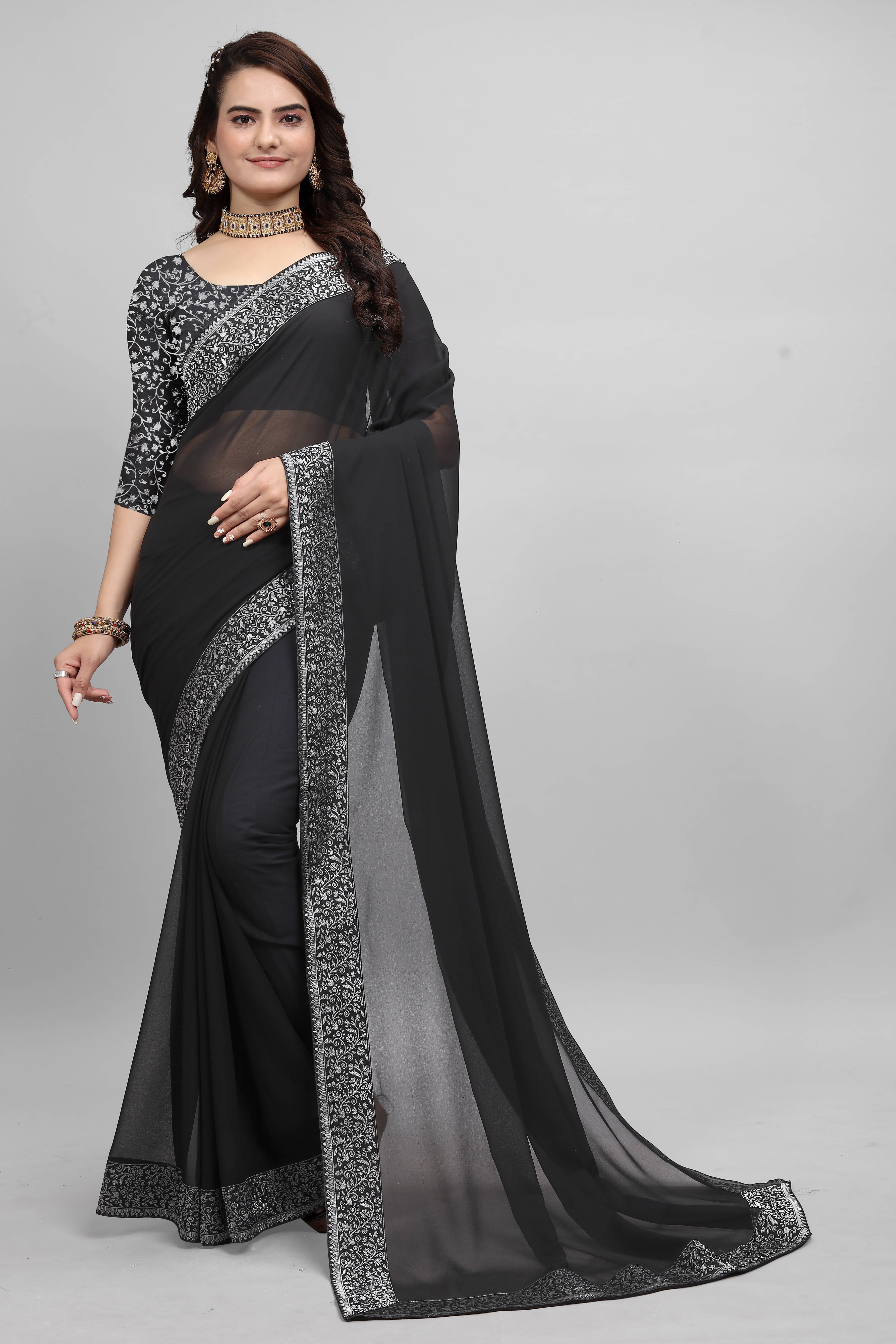 OM SAI CREATION Georgette Woven Saree With Unstitched Blouse Piece ( Black )     			OM SAI CREATION Georgette Woven Saree With Unstitched Blouse Piece ( Black )