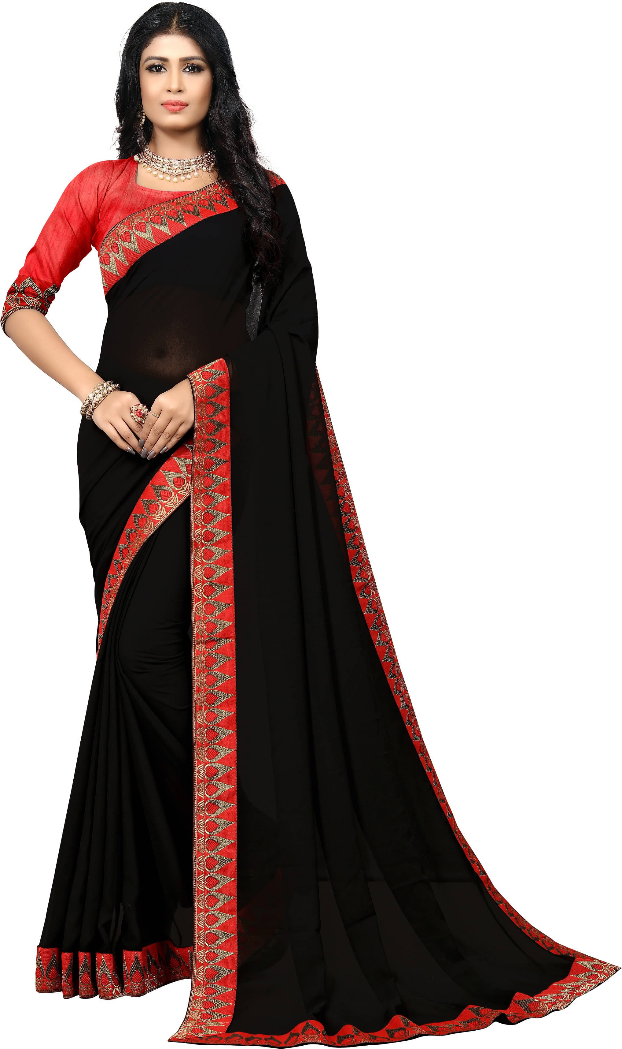     			OM SAI CREATION Georgette Woven Saree With Unstitched Blouse Piece ( Black )