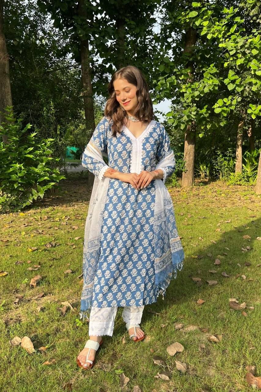 Romil Women Cotton Blend Printed Angrakha Kurti With Pants ( Blue )     			Romil Women Cotton Blend Printed Angrakha Kurti With Pants ( Blue )