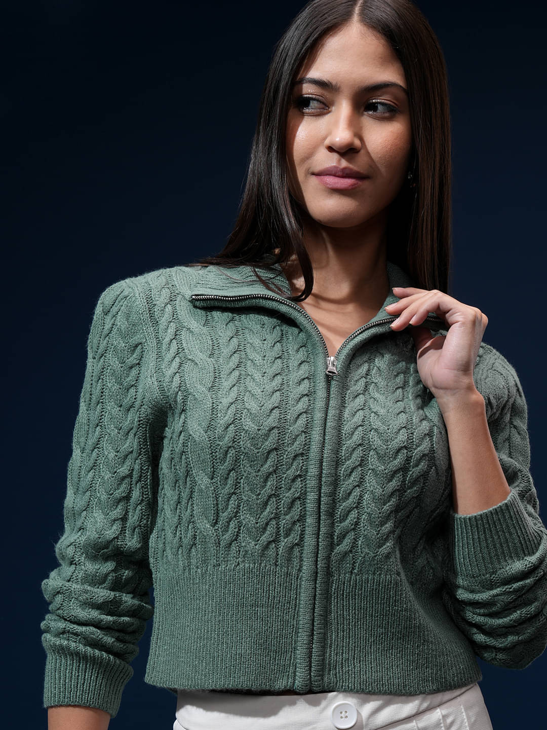Tokyo Talkies Acrylic High Neck Women's Zippered Cardigans - Green (Pack of 1) Tokyo Talkies Acrylic High Neck Women's Zippered Cardigans - Green (Pack of 1)