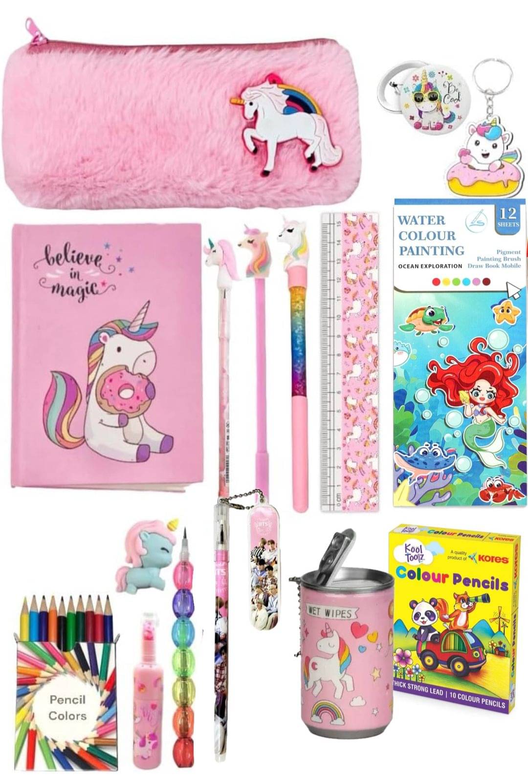     			Unicorn Stationery Combo Gift Set with Plush fur Pencil Case pouch, Fur diary small, Coloured Pencils and School Accessories - pen,pencil,erasers & more, Pink