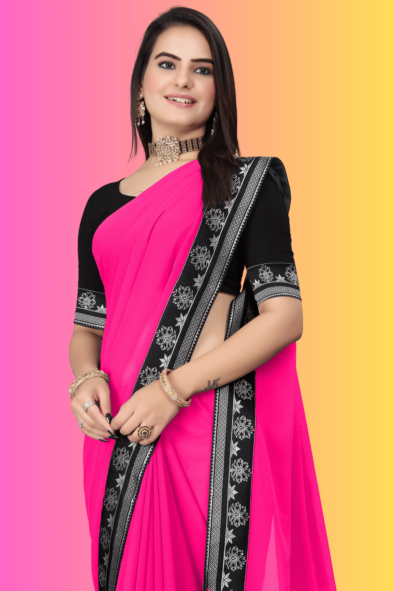 aaishreekhodiyar Georgette Woven Saree With Unstitched Blouse Piece ( Rani )     			aaishreekhodiyar Georgette Woven Saree With Unstitched Blouse Piece ( Rani )