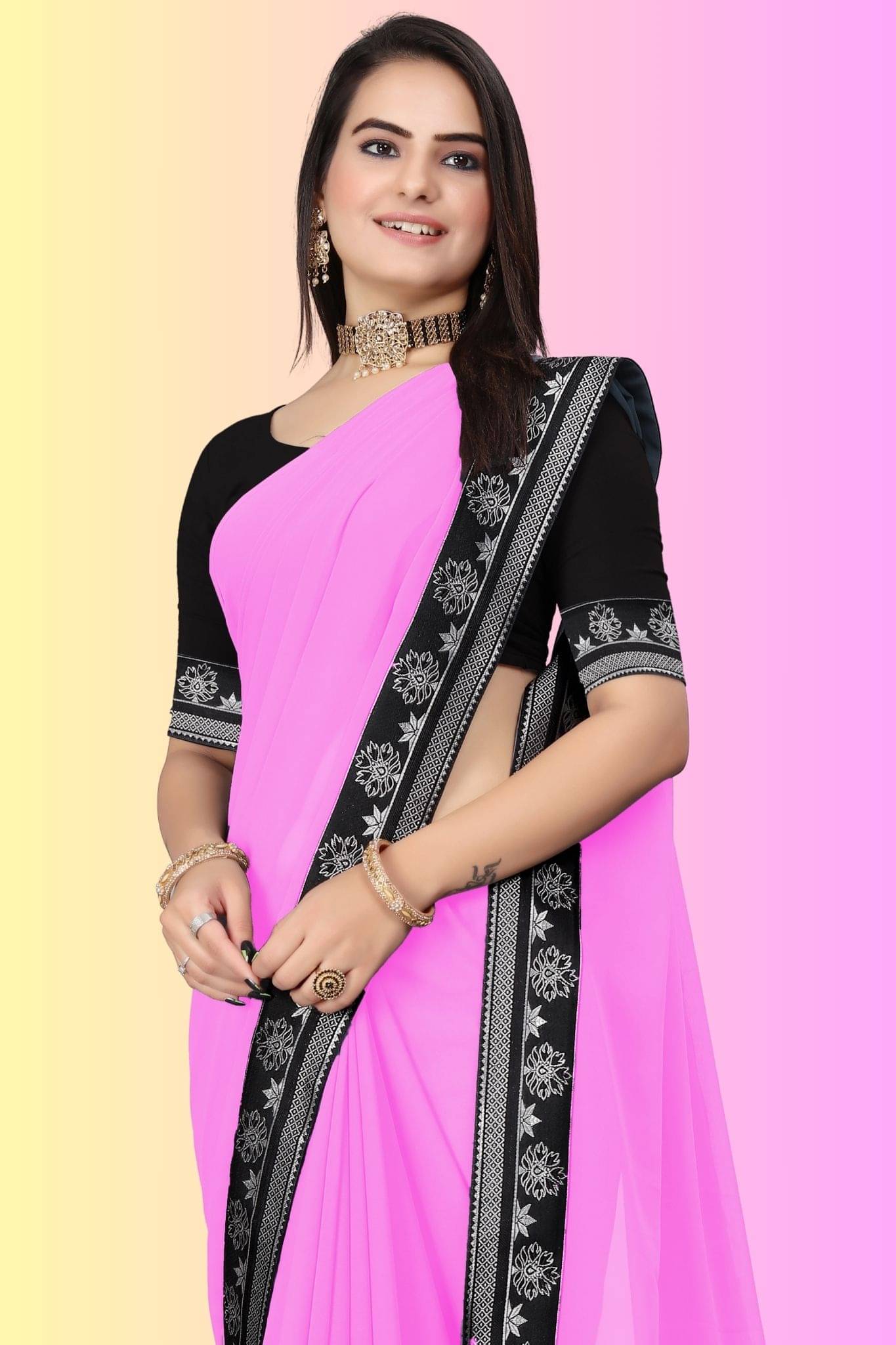aaishreekhodiyar Georgette Solid Tant Saree With Unstitched Blouse Piece ( Pink ) aaishreekhodiyar Georgette Solid Tant Saree With Unstitched Blouse Piece ( Pink )