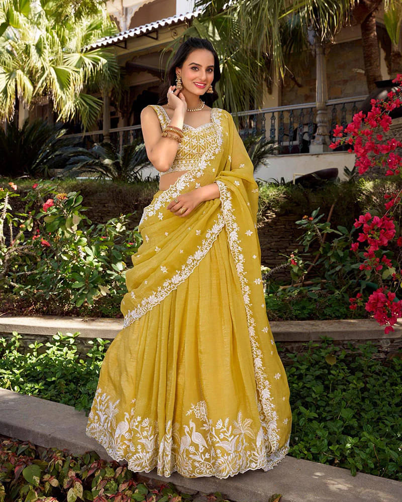     			kedar fab Yellow Silk Circular Semi Stitched Lehenga Single