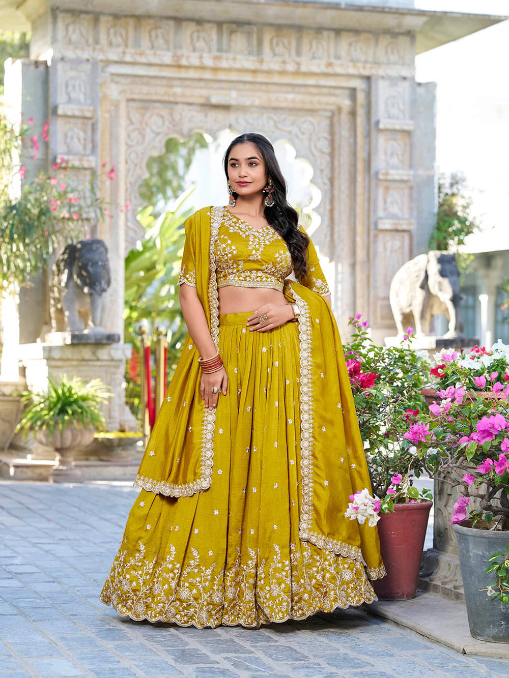     			kedar fab Yellow Silk Circular Semi Stitched Lehenga Single