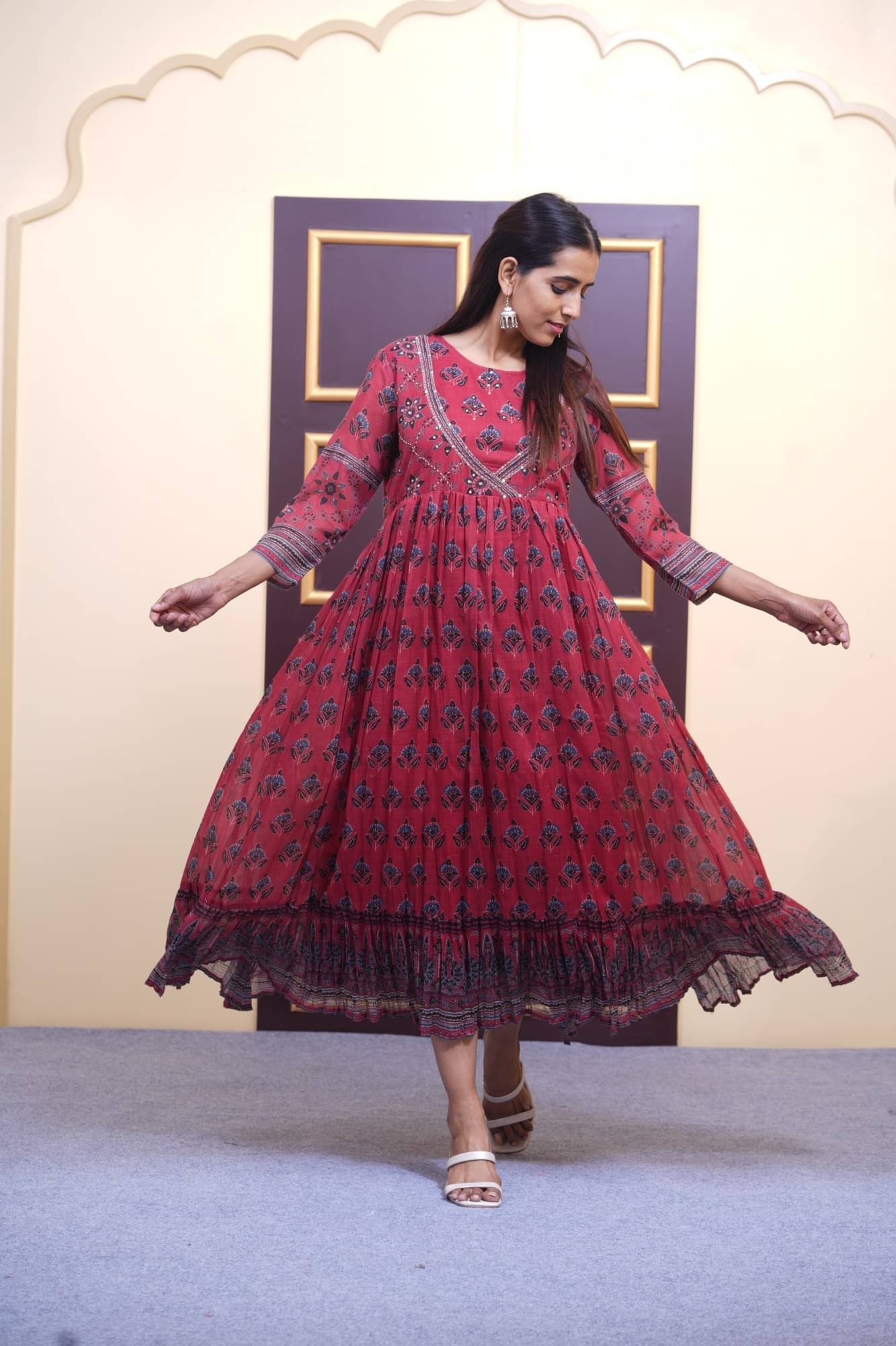     			Adaa Women Cotton Printed Fit & Flare Dress ( Maroon )