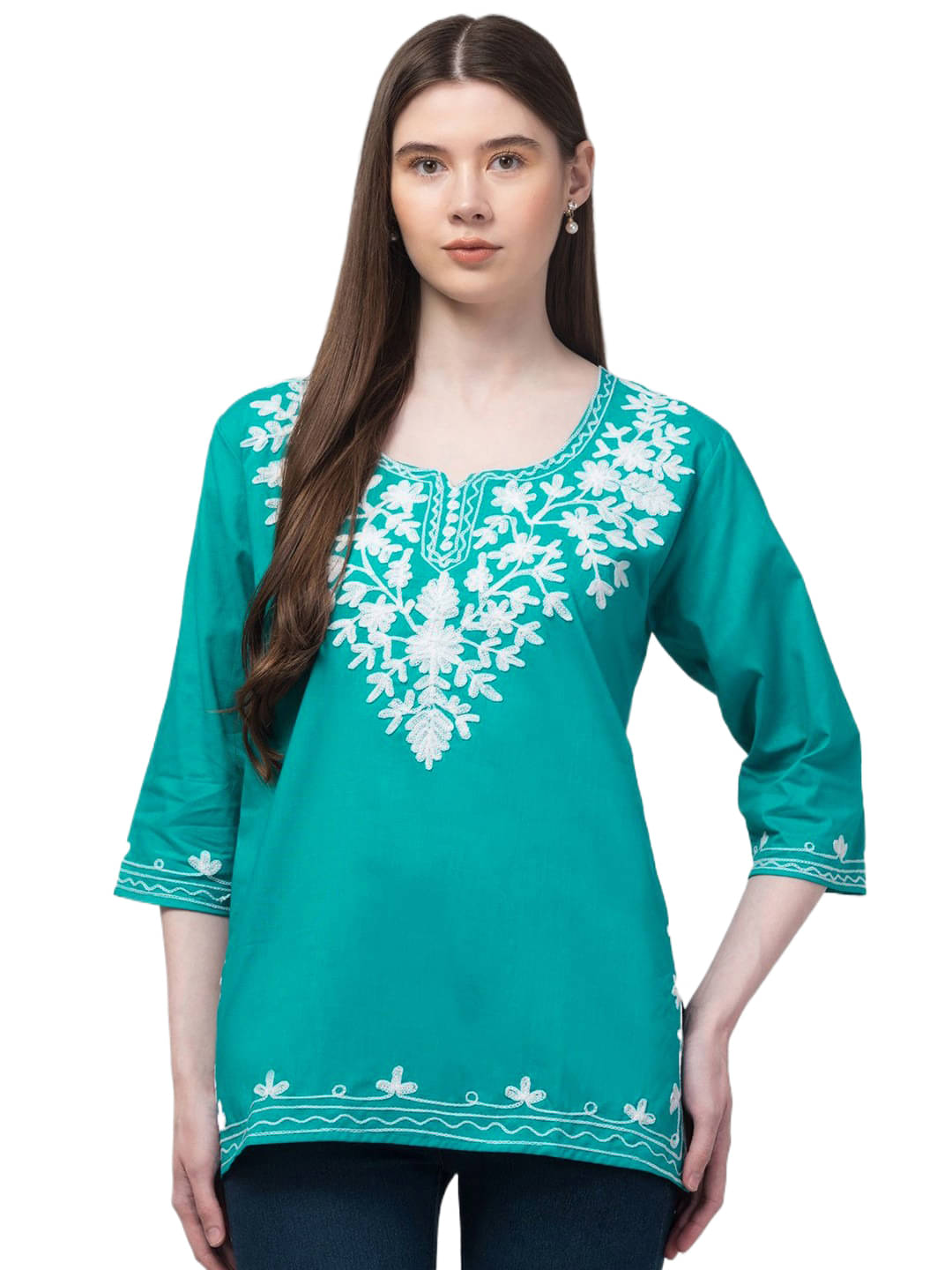 MEYARA Women Cotton Embroidered Straight Kurti ( Turquoise ) MEYARA Women Cotton Embroidered Straight Kurti ( Turquoise )