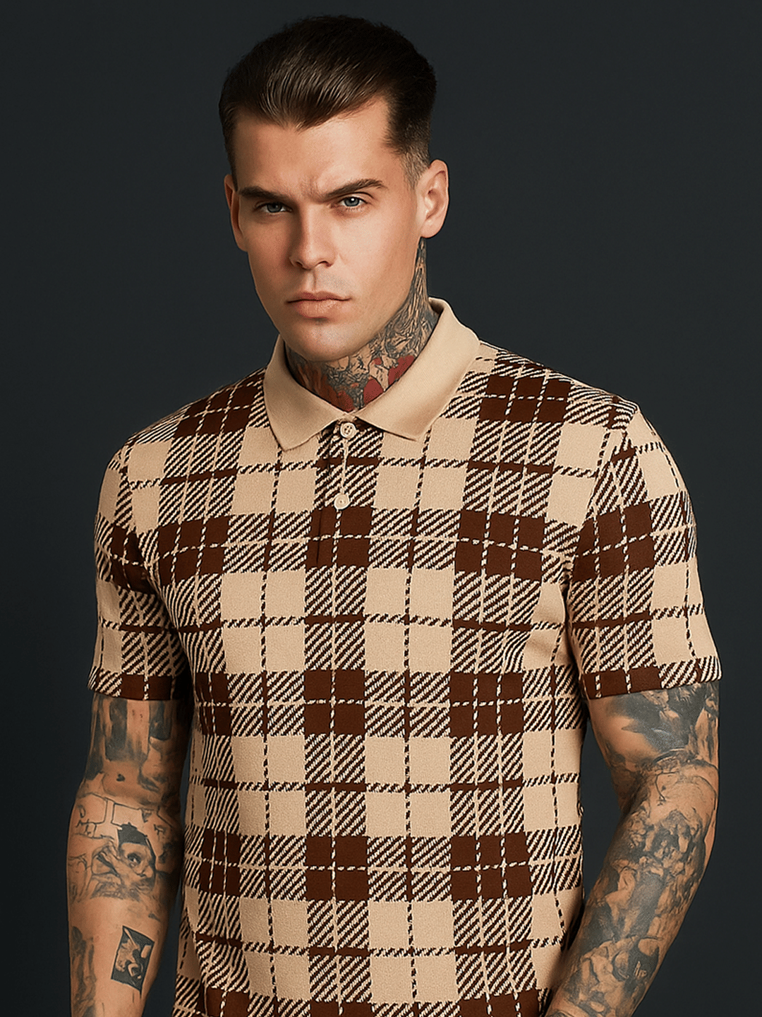 Merriment Men Polyester Regular Fit Checks Polo T Shirt ( Beige ) Merriment Men Polyester Regular Fit Checks Polo T Shirt ( Beige )