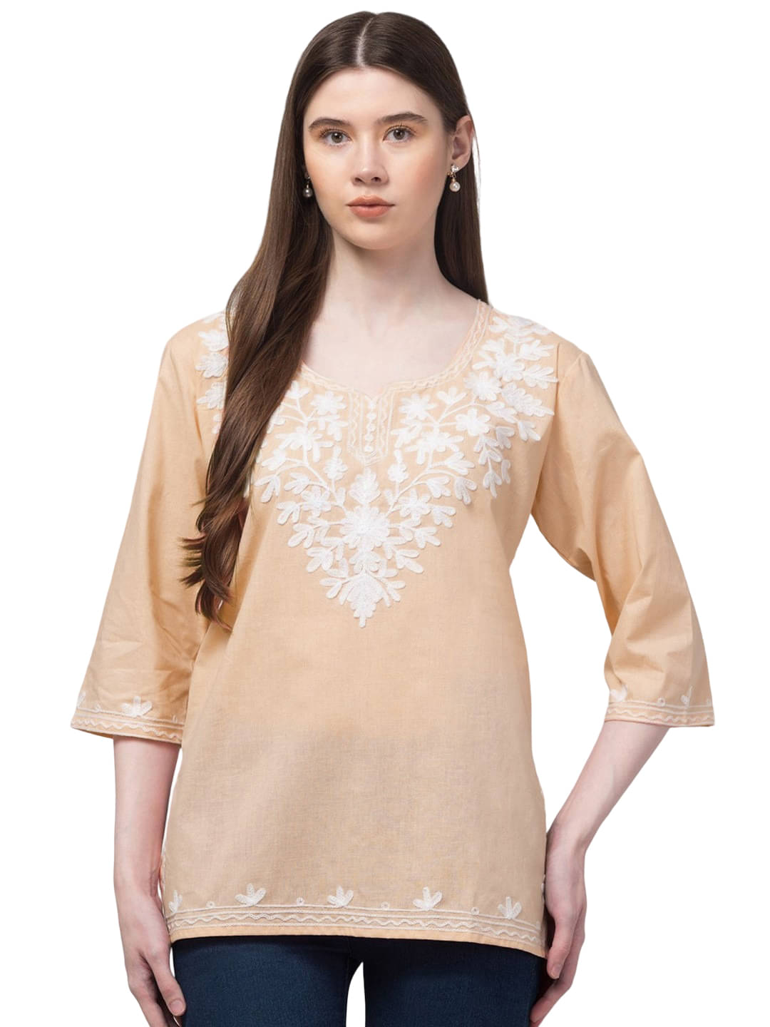 OMAYA Women Cotton Embroidered Straight Kurti ( Peach ) OMAYA Women Cotton Embroidered Straight Kurti ( Peach )