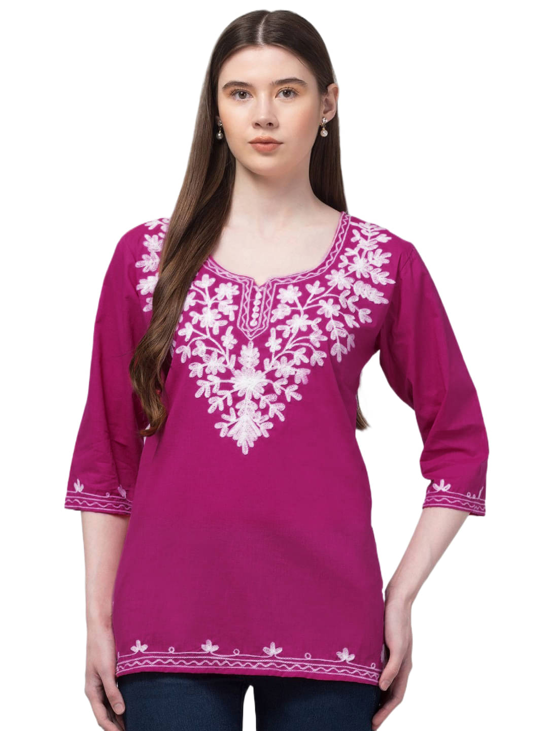     			OMAYA Women Cotton Embroidered Straight Kurti ( Pink )