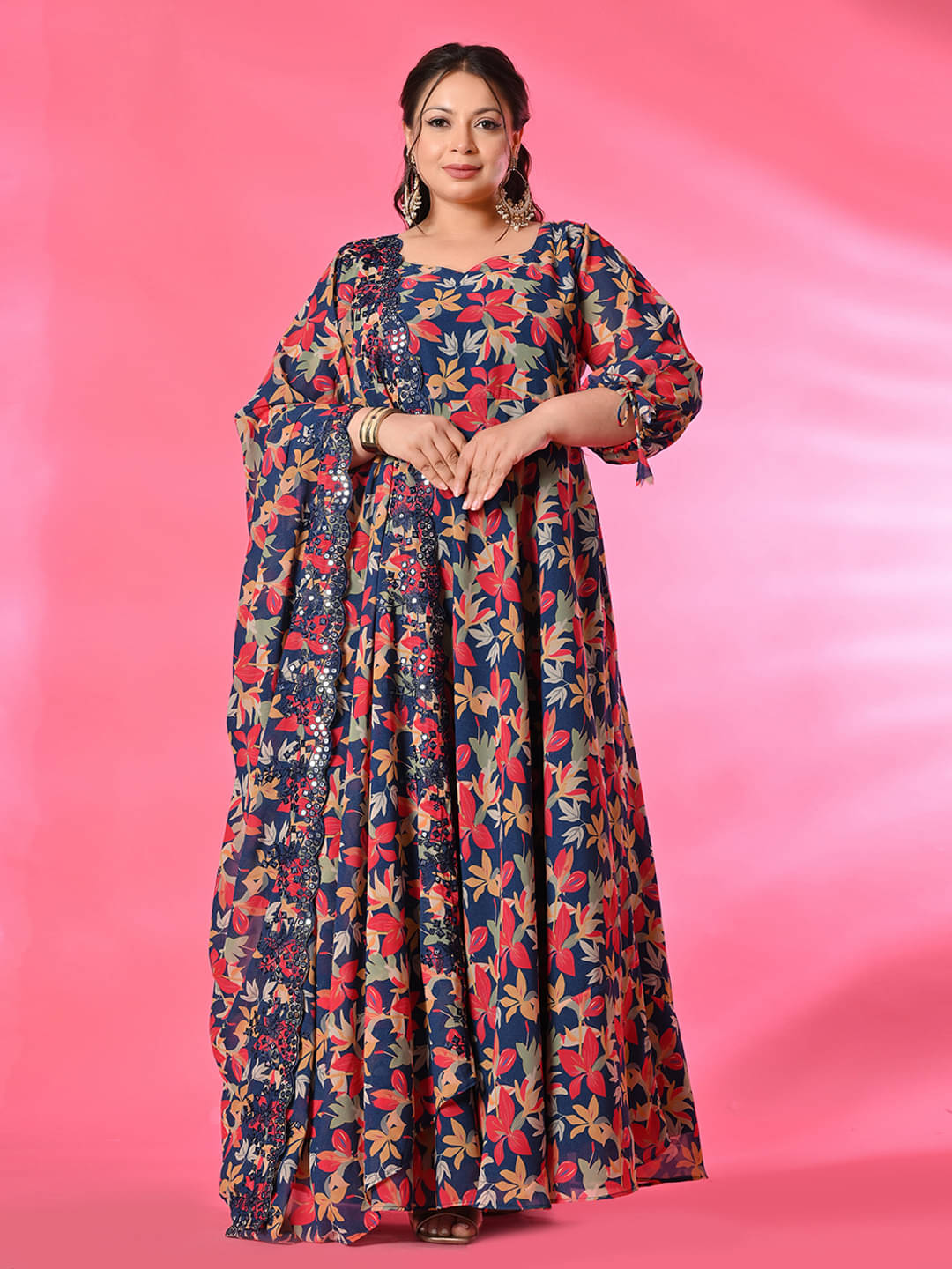 PrettyPlus by Desinoor.com Women Georgette Printed Anarkali Kurti with Dupatta ( Teal )     			PrettyPlus by Desinoor.com Women Georgette Printed Anarkali Kurti with Dupatta ( Teal )
