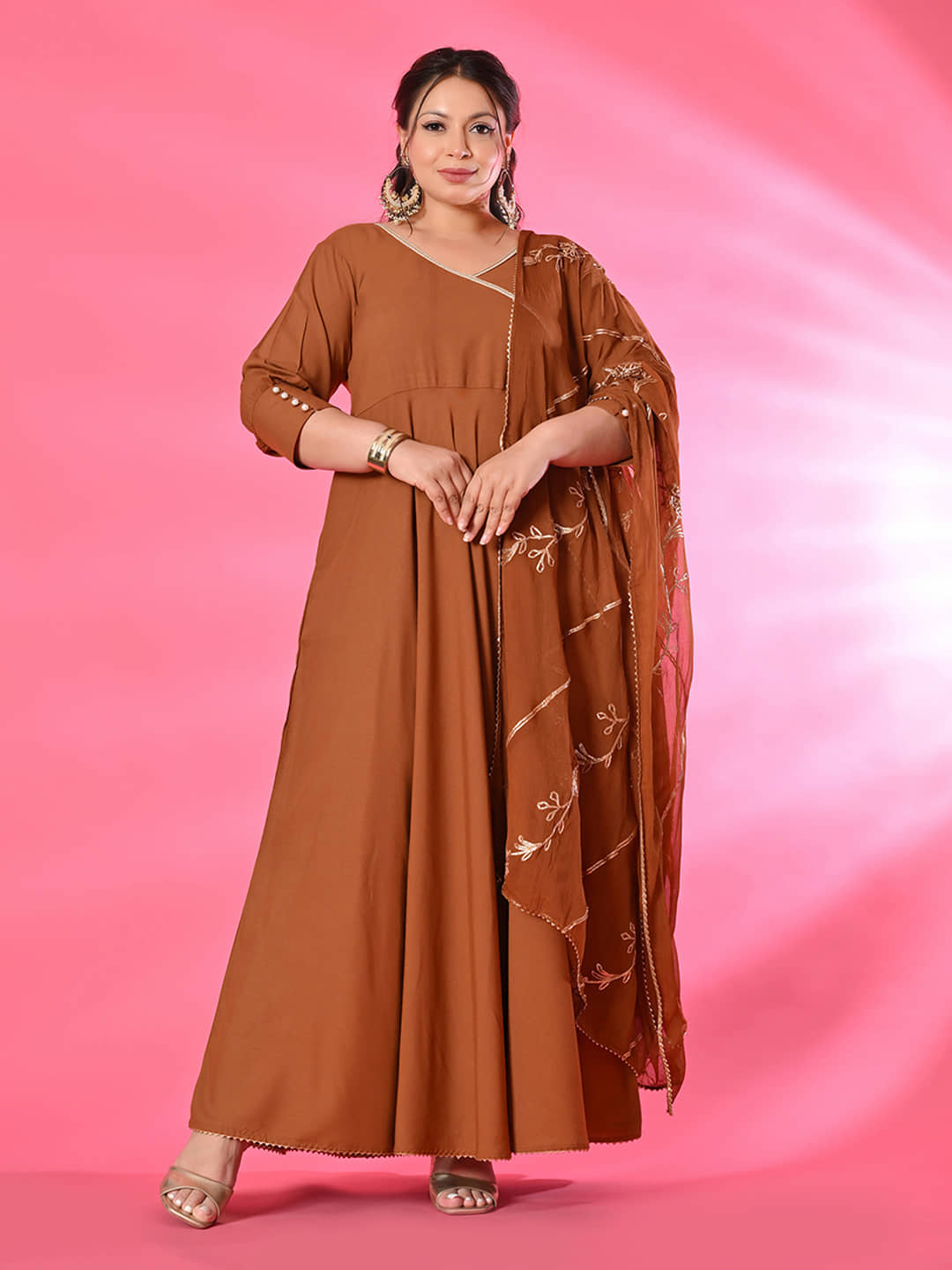 PrettyPlus by Desinoor.com Women Viscose Rayon Solid Anarkali Kurti with Dupatta ( Mustard ) - Kurtis, Tunics | Buy online on ZillyBuy