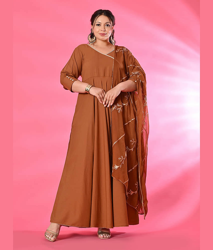 PrettyPlus by Desinoor.com Women Viscose Rayon Solid Anarkali Kurti with Dupatta ( Mustard ) - Kurtis, Tunics | Buy online on ZillyBuy