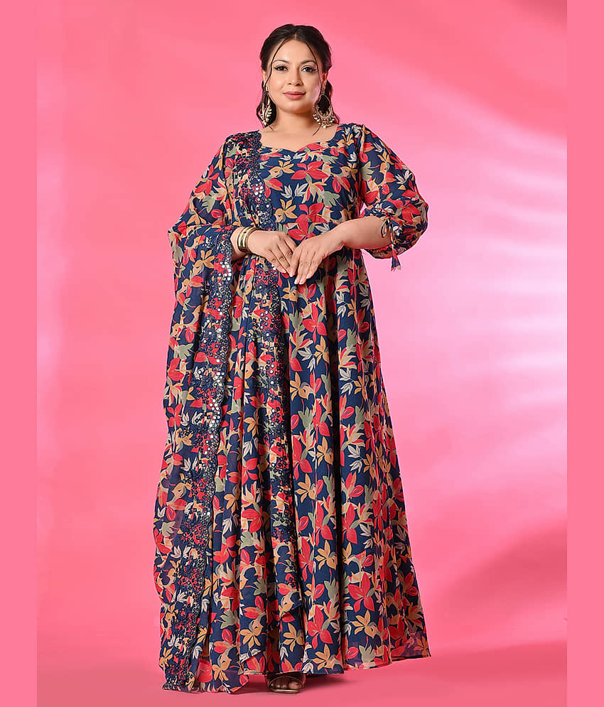 PrettyPlus by Desinoor.com Women Georgette Printed Anarkali Kurti with Dupatta ( Teal ) - Kurtis, Tunics | Buy online on ZillyBuy