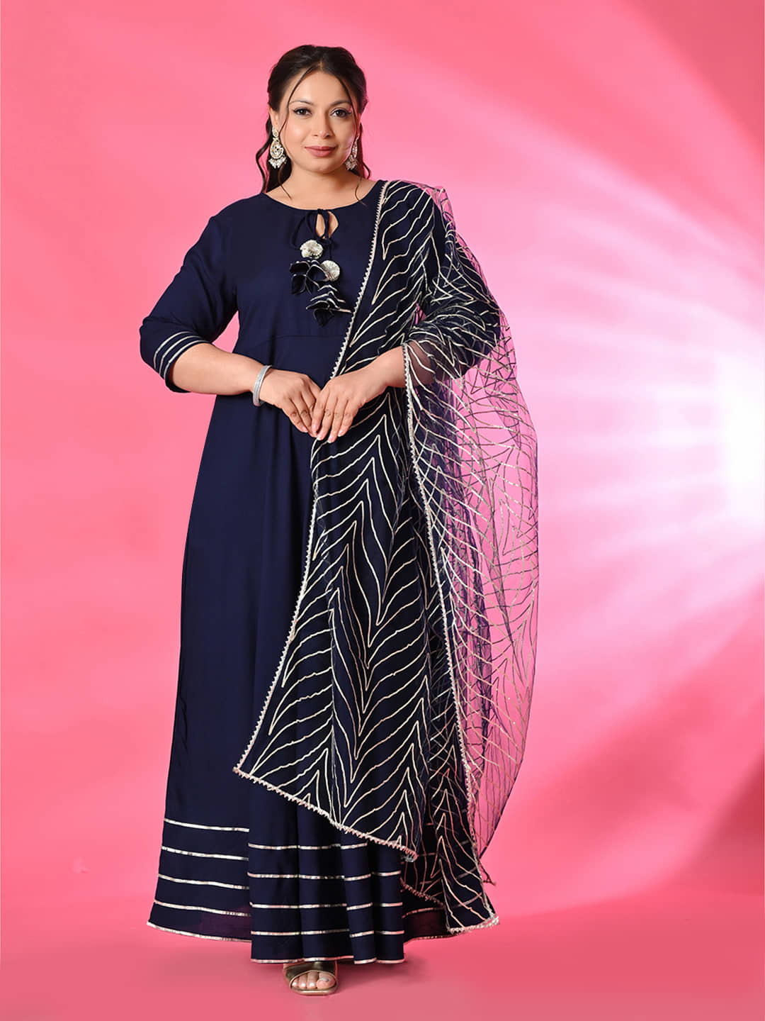 PrettyPlus by Desinoor.com Women Viscose Rayon Embellished Anarkali Kurti with Dupatta ( Navy ) - Kurtis, Tunics | Buy online on ZillyBuy