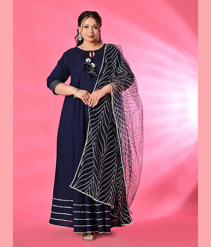 PrettyPlus by Desinoor.com Women Viscose Rayon Embellished Anarkali Kurti with Dupatta ( Navy ) - Kurtis, Tunics | Buy online on ZillyBuy
