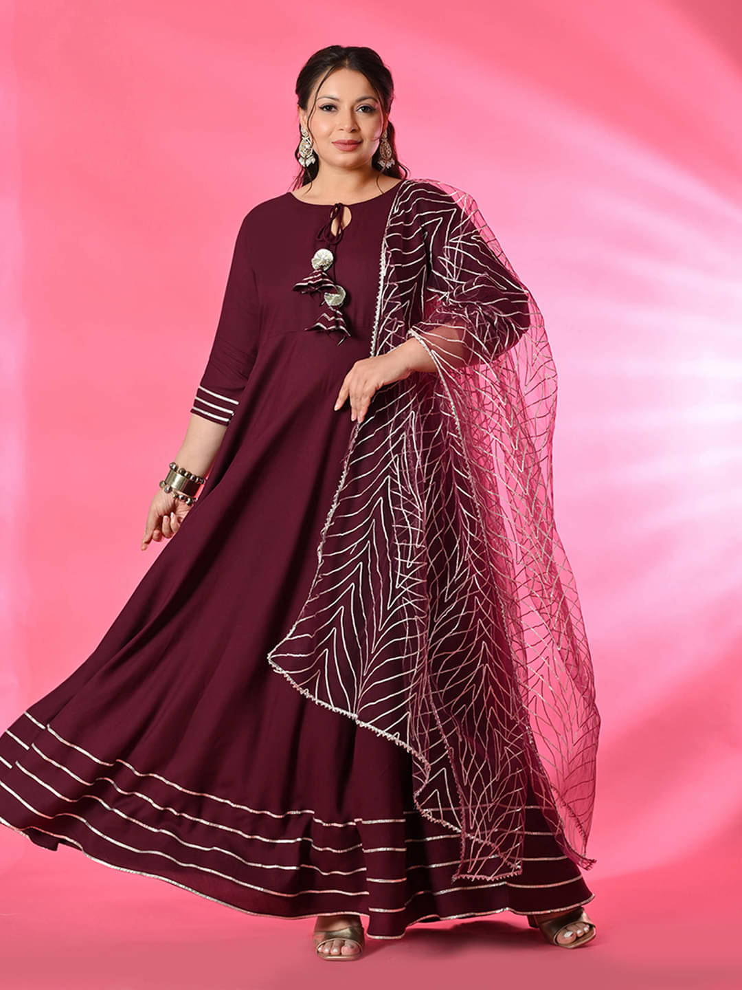 PrettyPlus by Desinoor.com Women Viscose Rayon Embellished Anarkali Kurti with Dupatta ( Wine ) PrettyPlus by Desinoor.com Women Viscose Rayon Embellished Anarkali Kurti with Dupatta ( Wine )