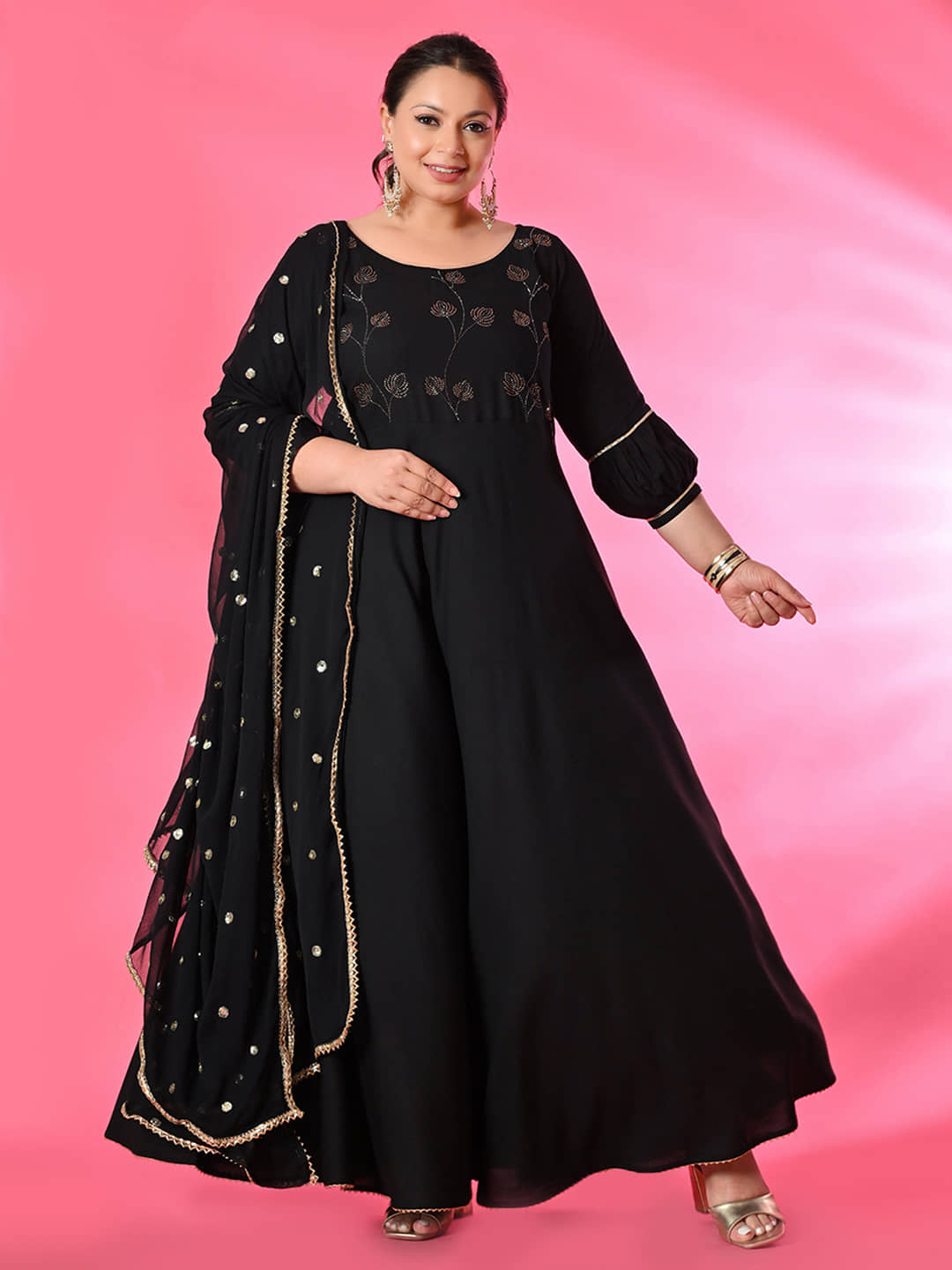 PrettyPlus by Desinoor.com Women Viscose Rayon Embellished Anarkali Kurti with Dupatta ( Black ) - Kurtis, Tunics | Buy online on ZillyBuy