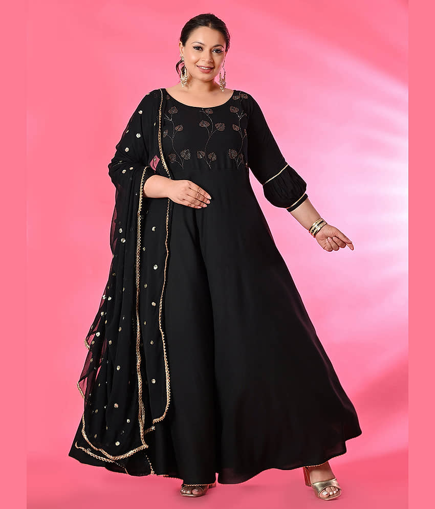 PrettyPlus by Desinoor.com Women Viscose Rayon Embellished Anarkali Kurti with Dupatta ( Black ) - Kurtis, Tunics | Buy online on ZillyBuy