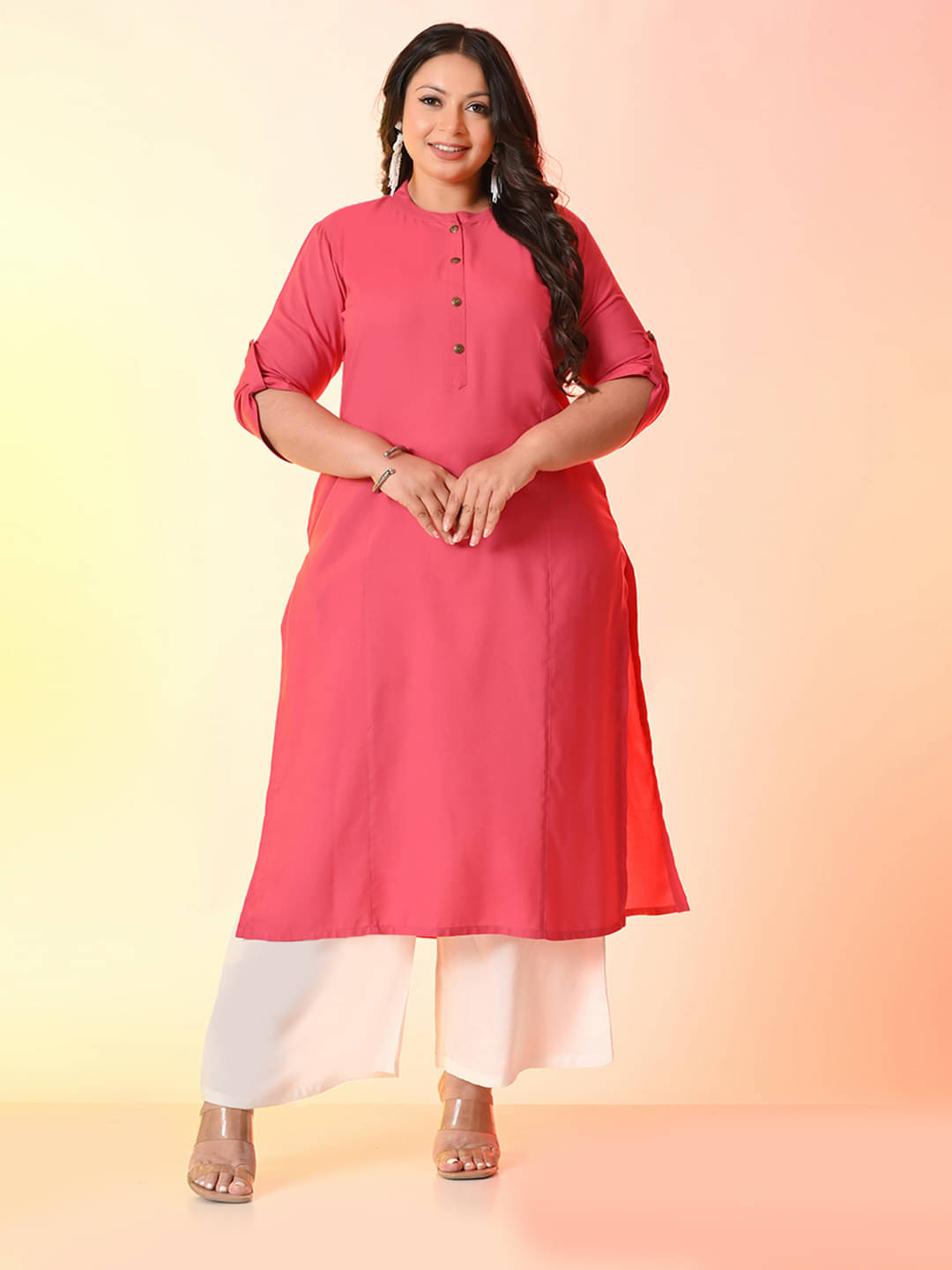 PrettyPlus by Desinoor.com Women Viscose Rayon Solid Straight Kurti ( Pink ) PrettyPlus by Desinoor.com Women Viscose Rayon Solid Straight Kurti ( Pink )