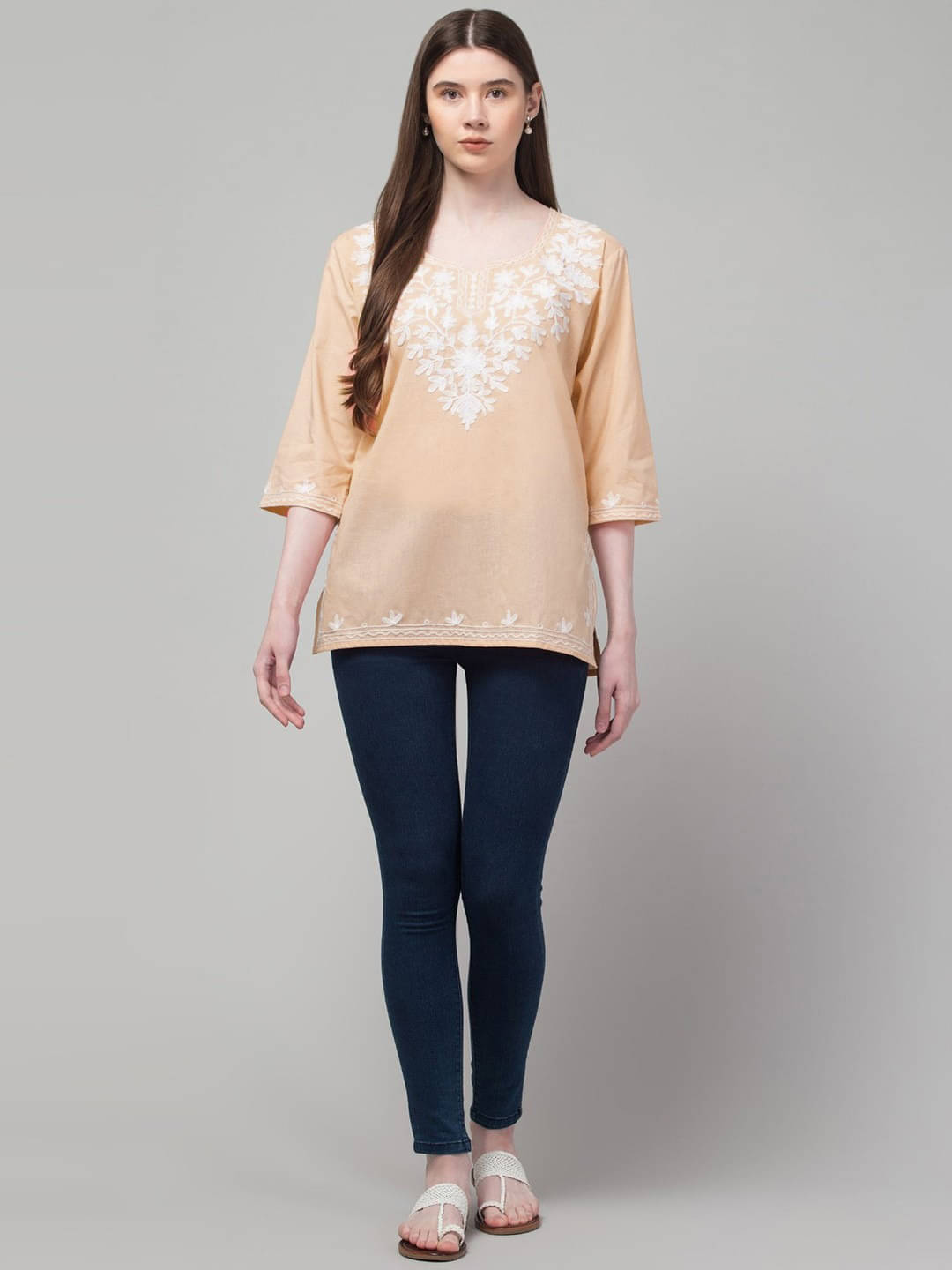 SMASUM Women Cotton Embroidered Straight Kurti ( Peach ) SMASUM Women Cotton Embroidered Straight Kurti ( Peach )