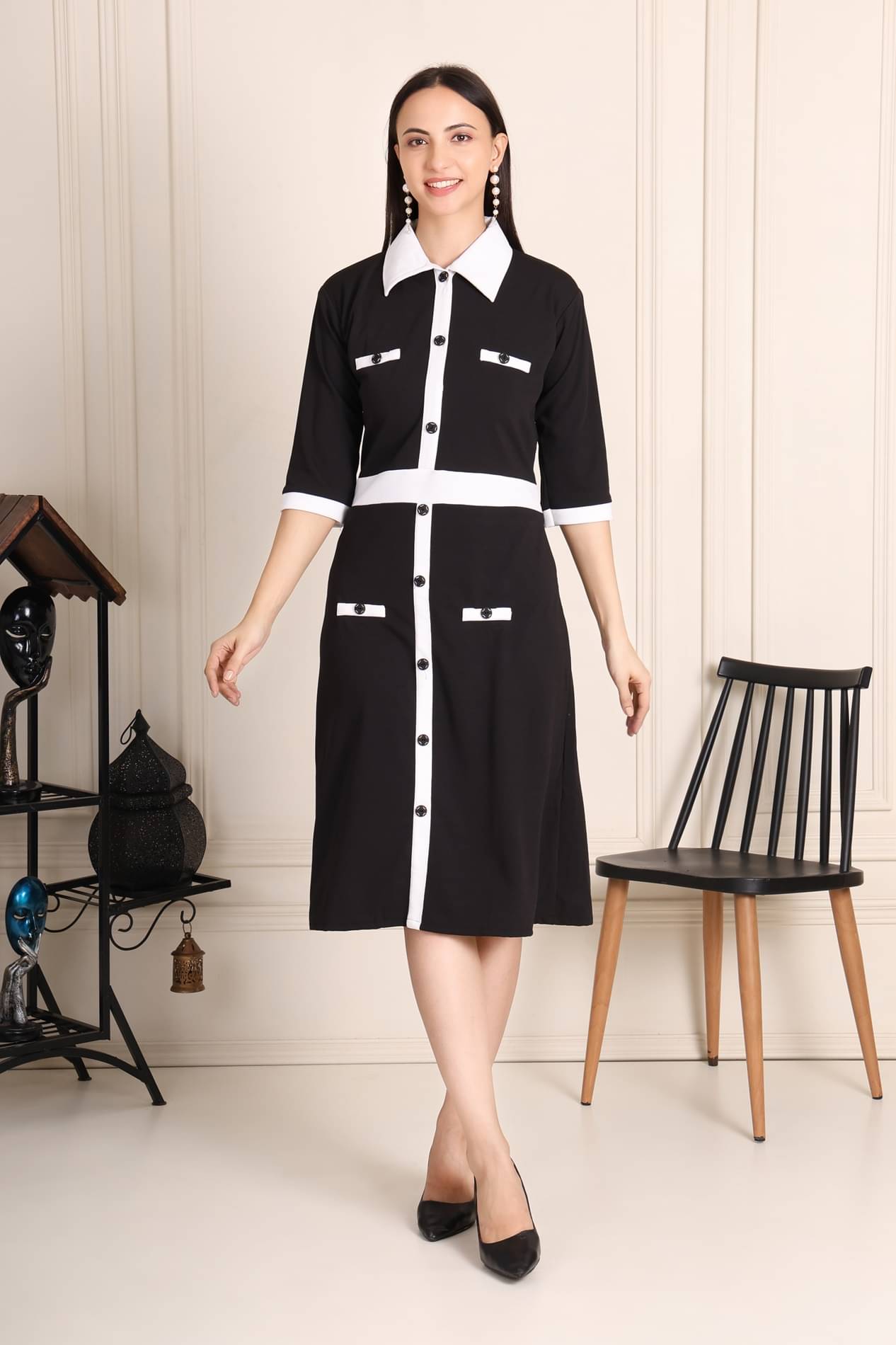 Shopeleven Women Polyester Solid Fit & Flare Dress ( Black )     			Shopeleven Women Polyester Solid Fit & Flare Dress ( Black )