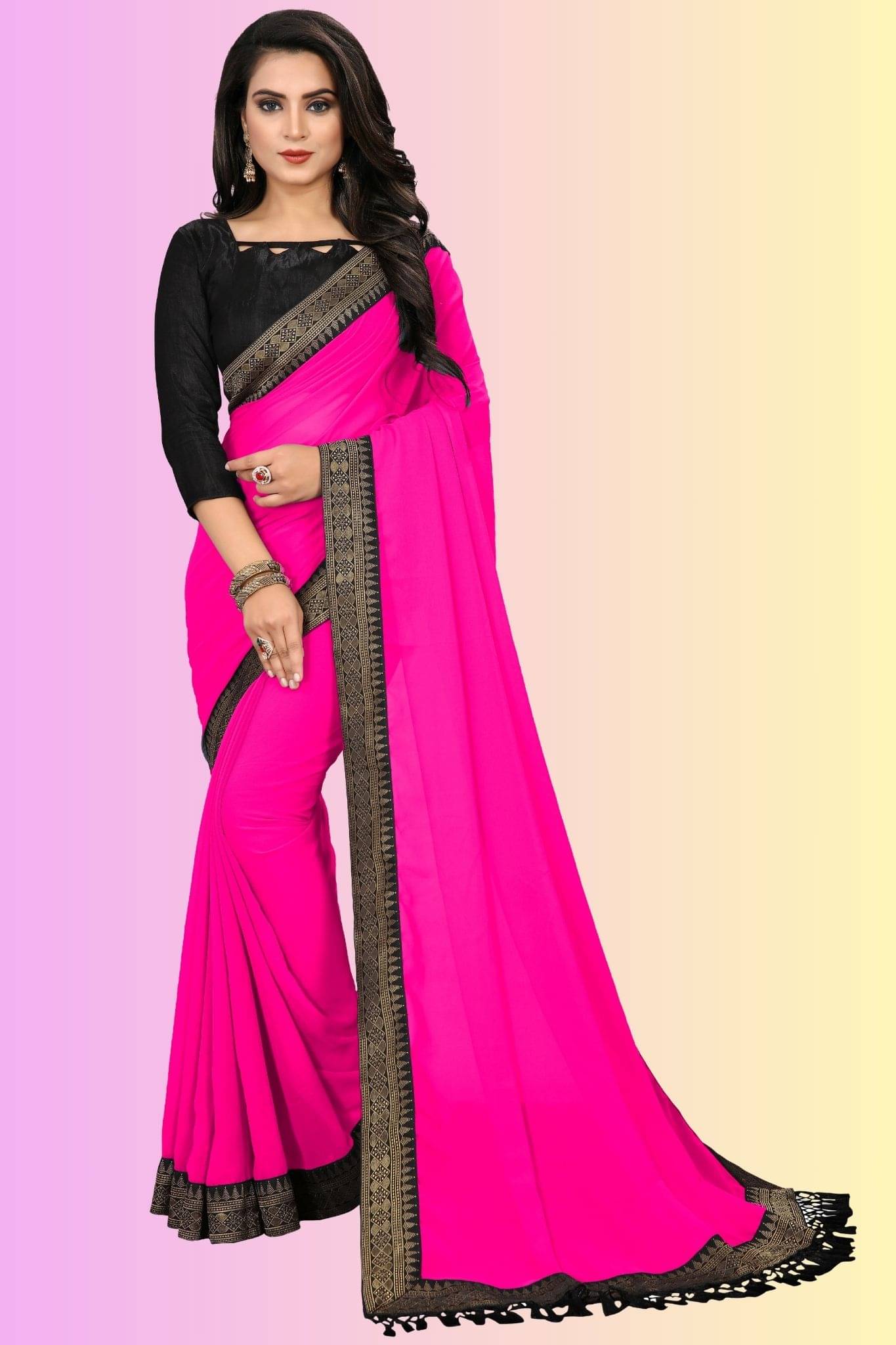 Aai Shree Khodiyar Georgette Self Design Saree With Unstitched Blouse Piece ( Rani )     			Aai Shree Khodiyar Georgette Self Design Saree With Unstitched Blouse Piece ( Rani )