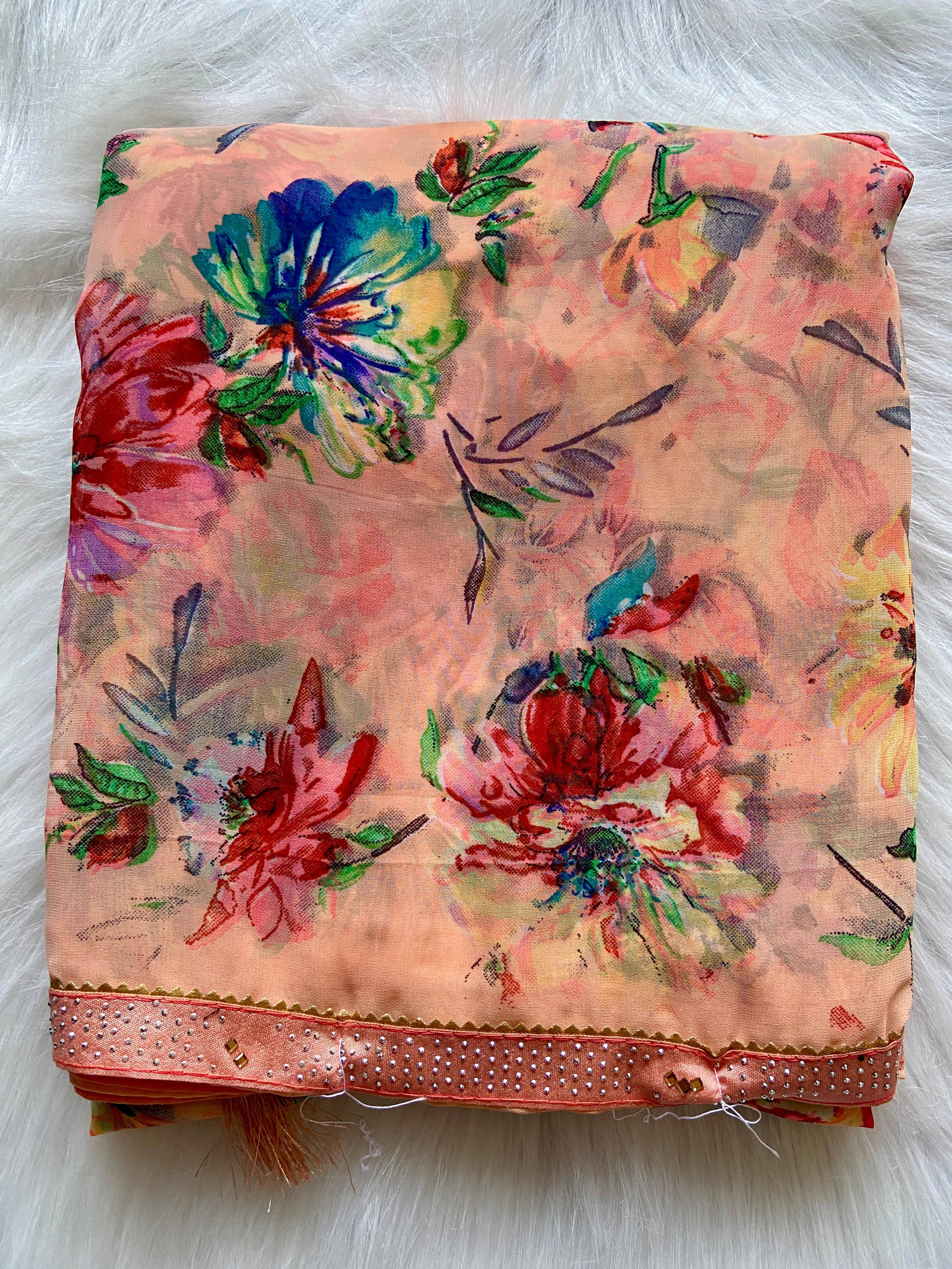     			BHAVIKA SILK MILLS Georgette Printed Saree With Stitched Blouse ( peach )