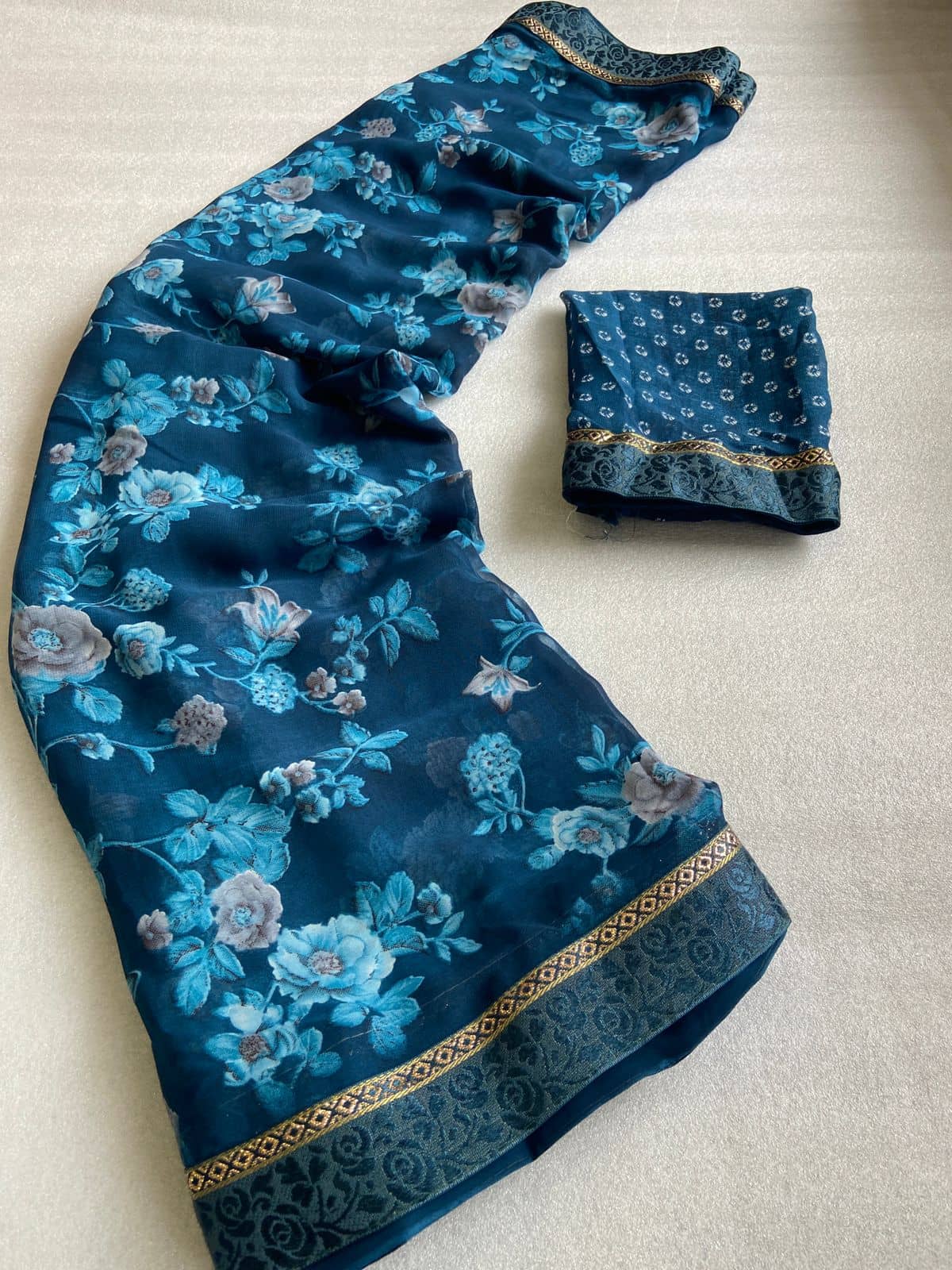 BHAVIKA SILK MILLS Georgette Printed Saree With Stitched Blouse ( rama ) - Sarees | Buy online on ZillyBuy