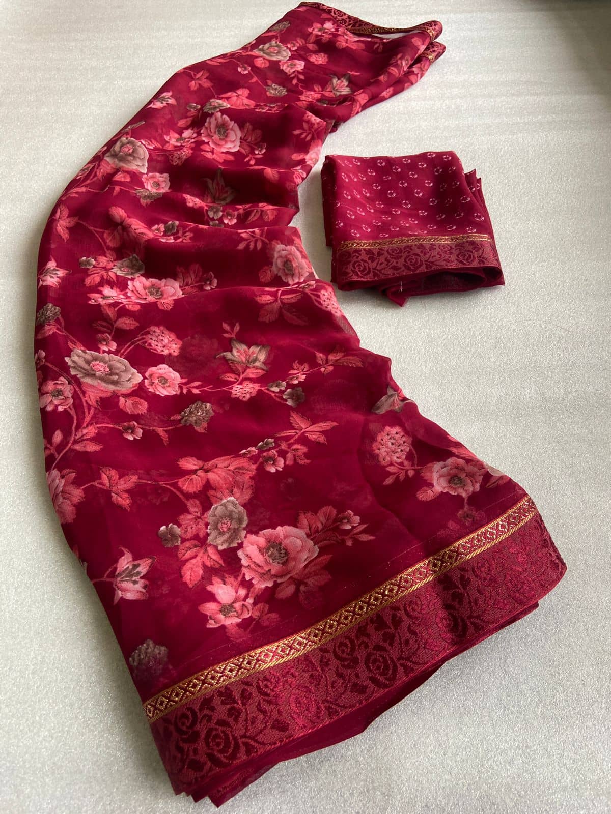 BHAVIKA SILK MILLS Georgette Printed Saree With Stitched Blouse ( red ) - Sarees | Buy online on ZillyBuy