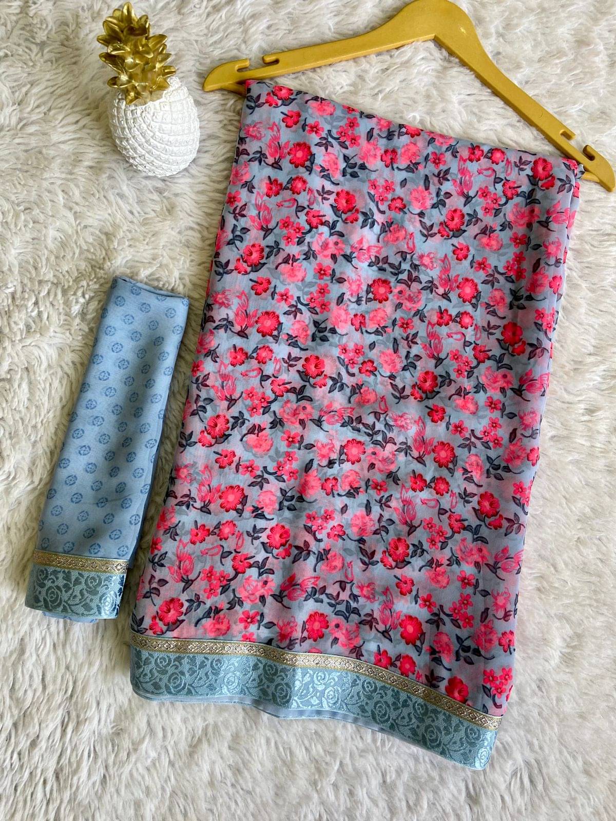 BHAVIKA SILK MILLS Georgette Printed Saree With Stitched Blouse ( grey ) BHAVIKA SILK MILLS Georgette Printed Saree With Stitched Blouse ( grey )