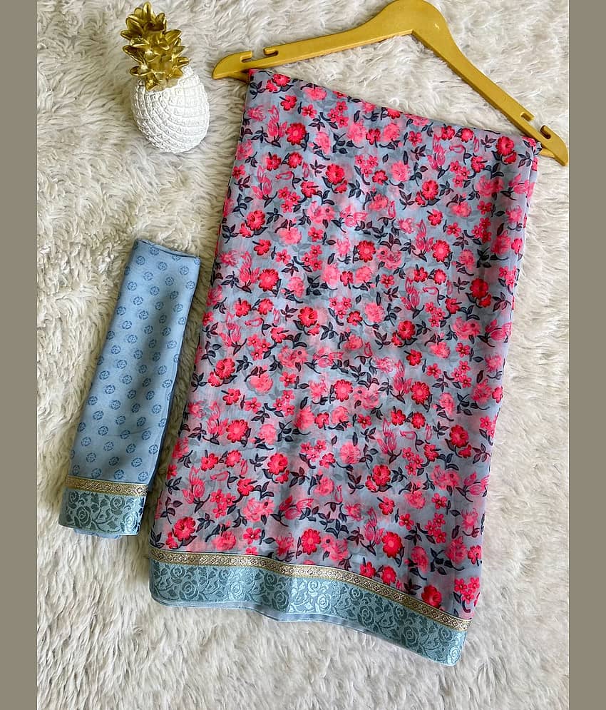 BHAVIKA SILK MILLS Georgette Printed Saree With Stitched Blouse ( grey ) - Sarees | Buy online on ZillyBuy