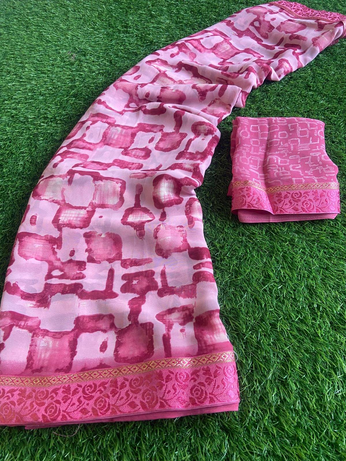 BHAVIKA SILK MILLS Georgette Printed Saree With Stitched Blouse ( pink ) BHAVIKA SILK MILLS Georgette Printed Saree With Stitched Blouse ( pink )
