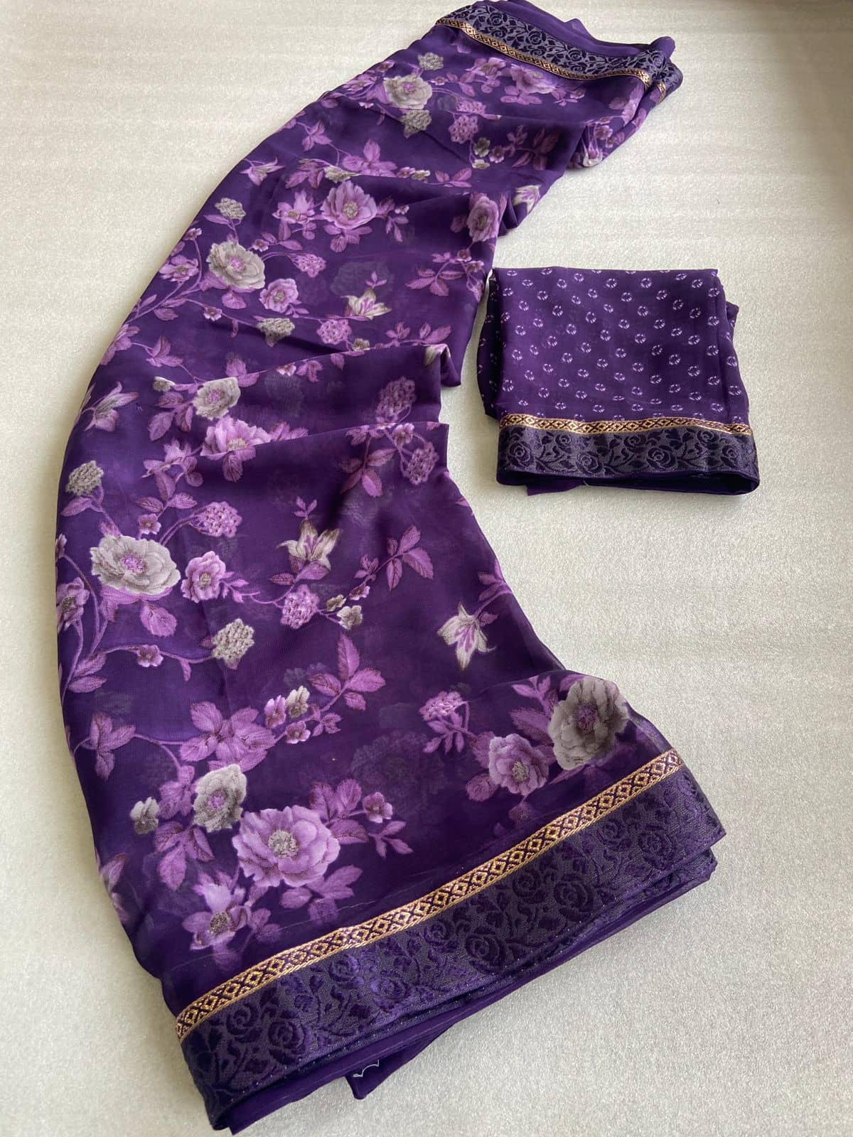 BHAVIKA SILK MILLS Georgette Printed Saree With Stitched Blouse ( purple ) - Sarees | Buy online on ZillyBuy