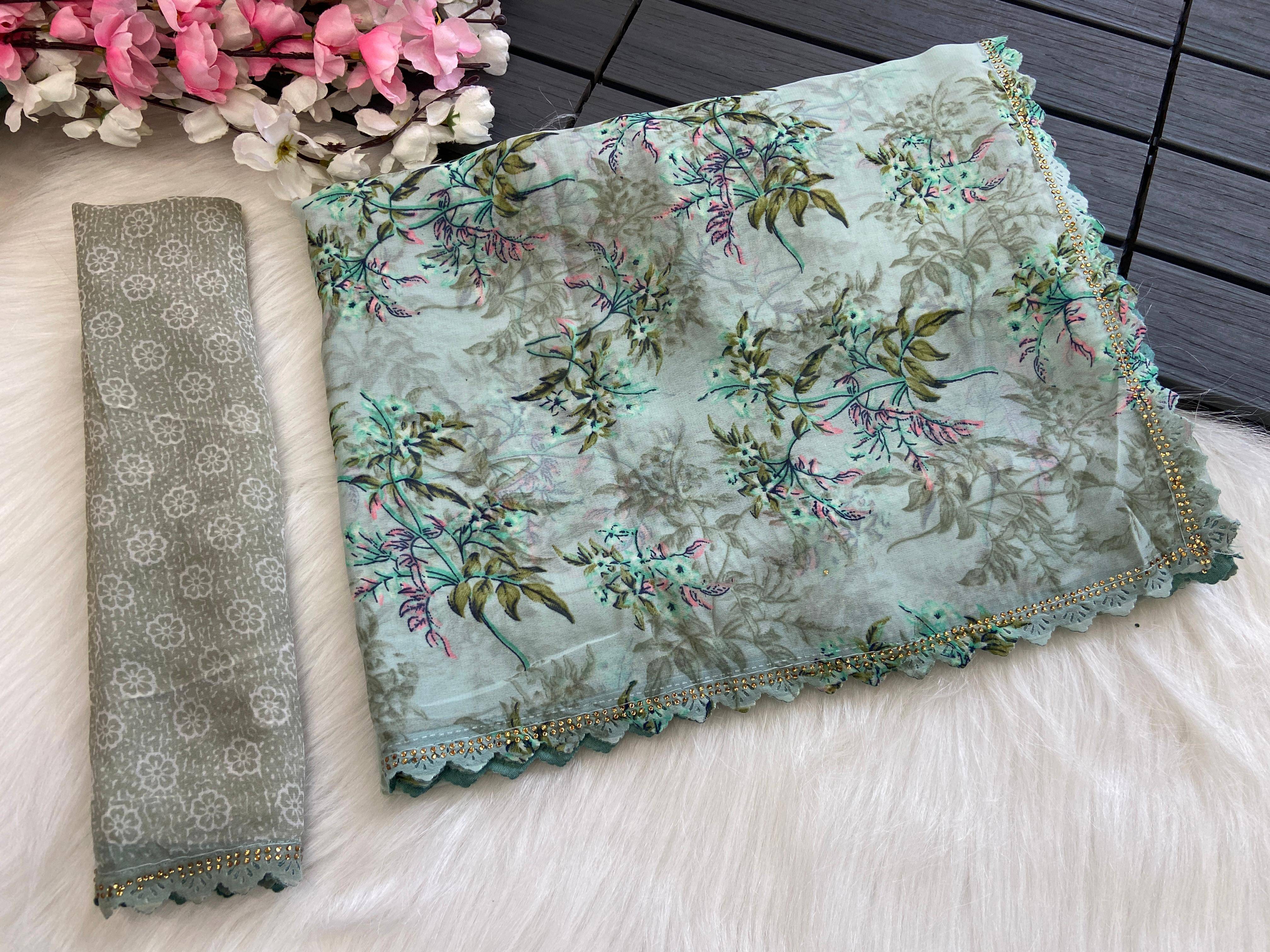 BHAVIKA SILK MILLS Georgette Printed Saree With Stitched Blouse ( rama ) BHAVIKA SILK MILLS Georgette Printed Saree With Stitched Blouse ( rama )