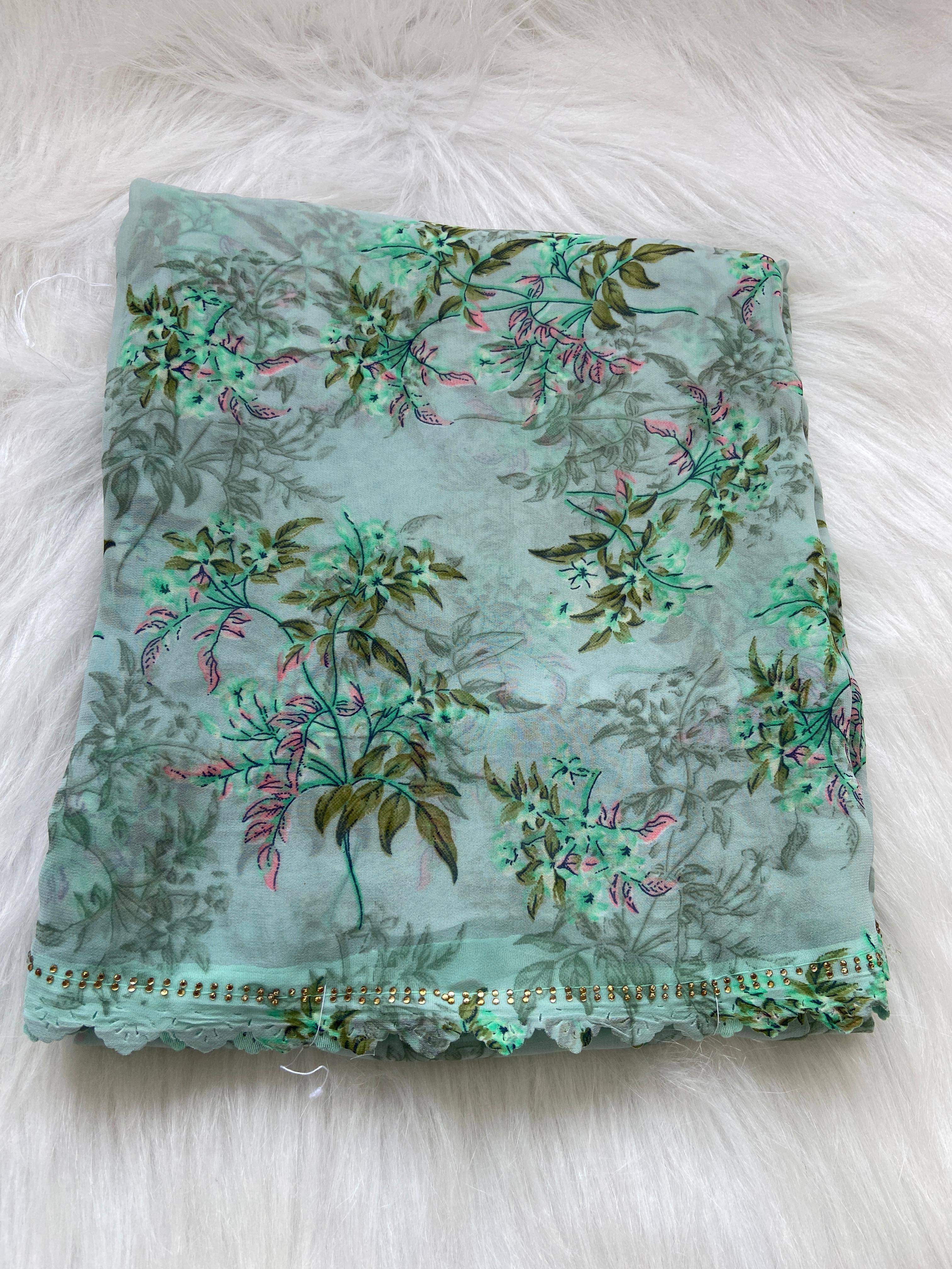 BHAVIKA SILK MILLS Georgette Printed Saree With Stitched Blouse ( rama ) BHAVIKA SILK MILLS Georgette Printed Saree With Stitched Blouse ( rama )