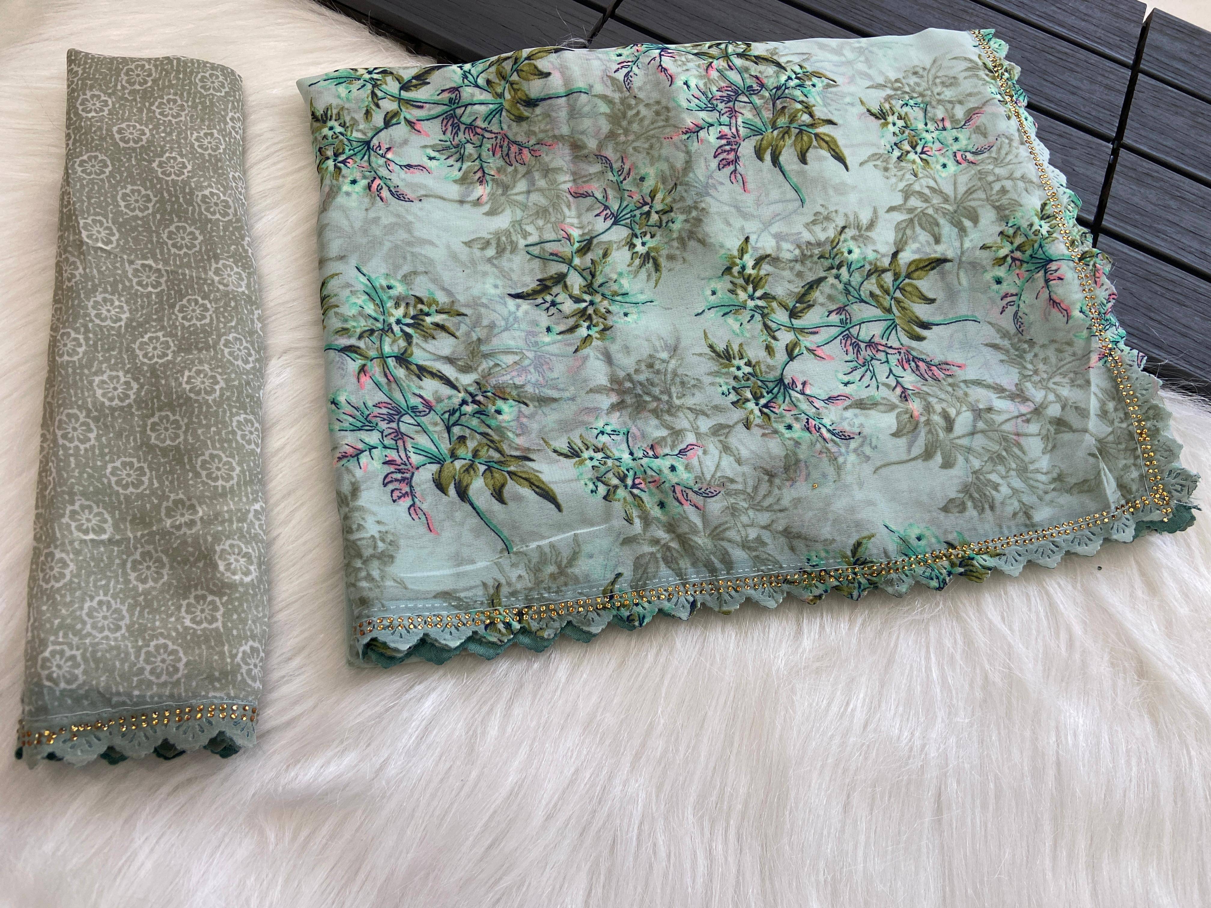BHAVIKA SILK MILLS Georgette Printed Saree With Stitched Blouse ( rama ) BHAVIKA SILK MILLS Georgette Printed Saree With Stitched Blouse ( rama )