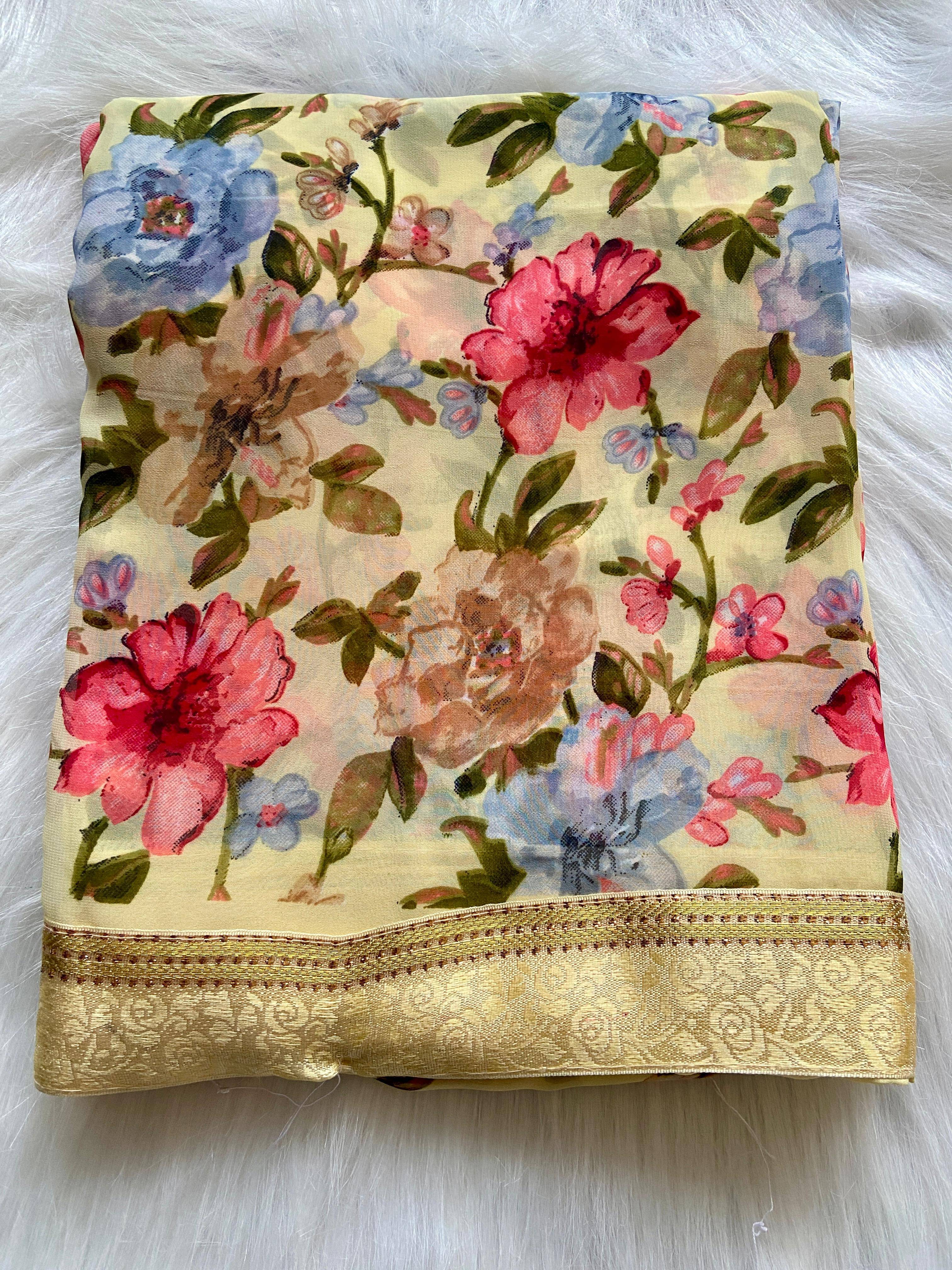 BHAVIKA SILK MILLS Georgette Printed Saree With Stitched Blouse ( yellow ) BHAVIKA SILK MILLS Georgette Printed Saree With Stitched Blouse ( yellow )