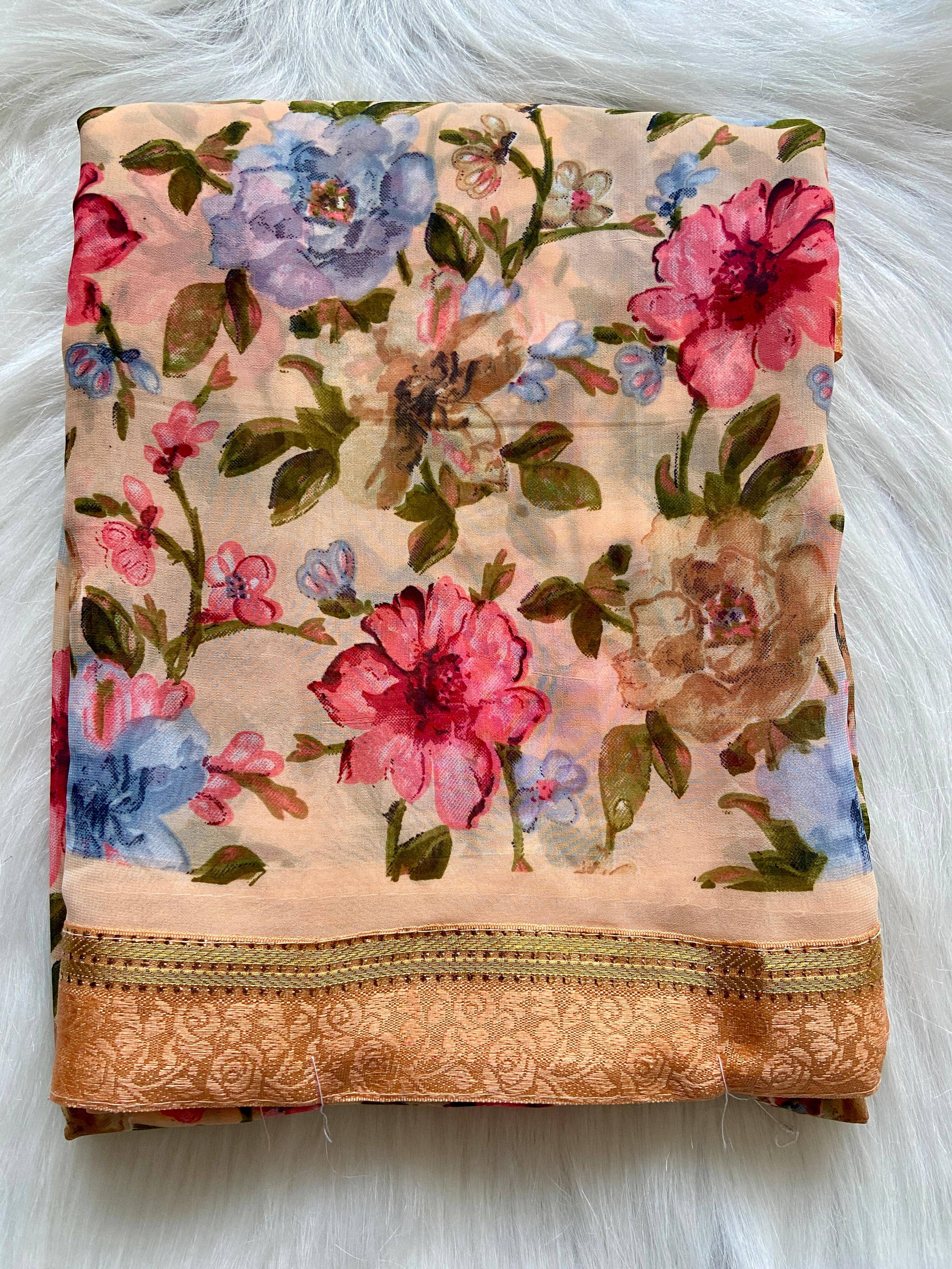 BHAVIKA SILK MILLS Georgette Printed Saree With Stitched Blouse ( peach ) BHAVIKA SILK MILLS Georgette Printed Saree With Stitched Blouse ( peach )