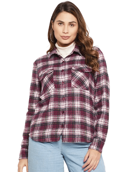 Bitterlime Women Checks Cotton Shirt ( Wine ) Bitterlime Women Checks Cotton Shirt ( Wine )