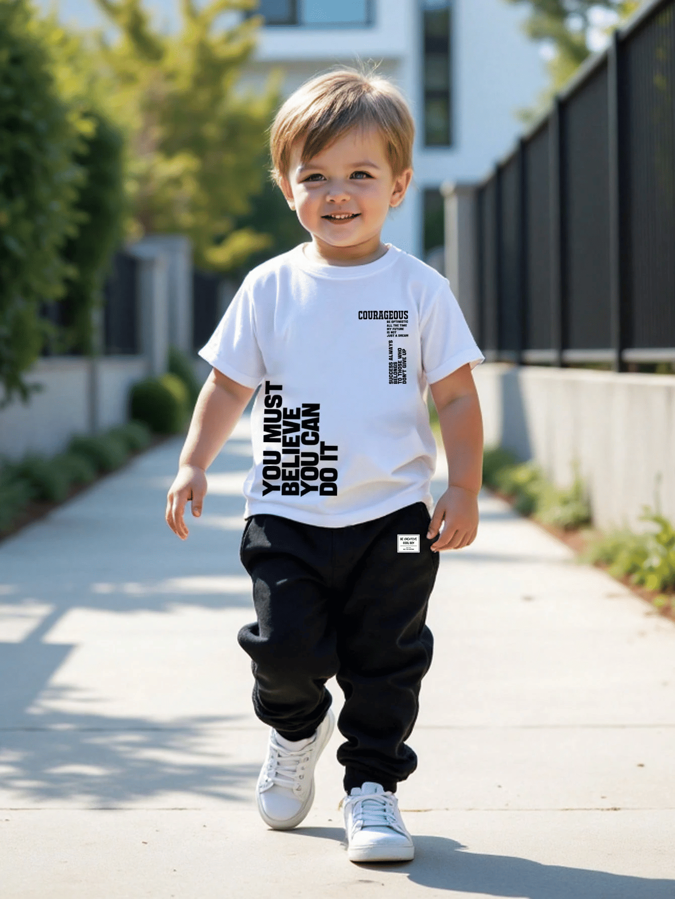     			FABOZA Pack of 1 Boys Cotton Blend T-Shirt & Pants Set ( White )