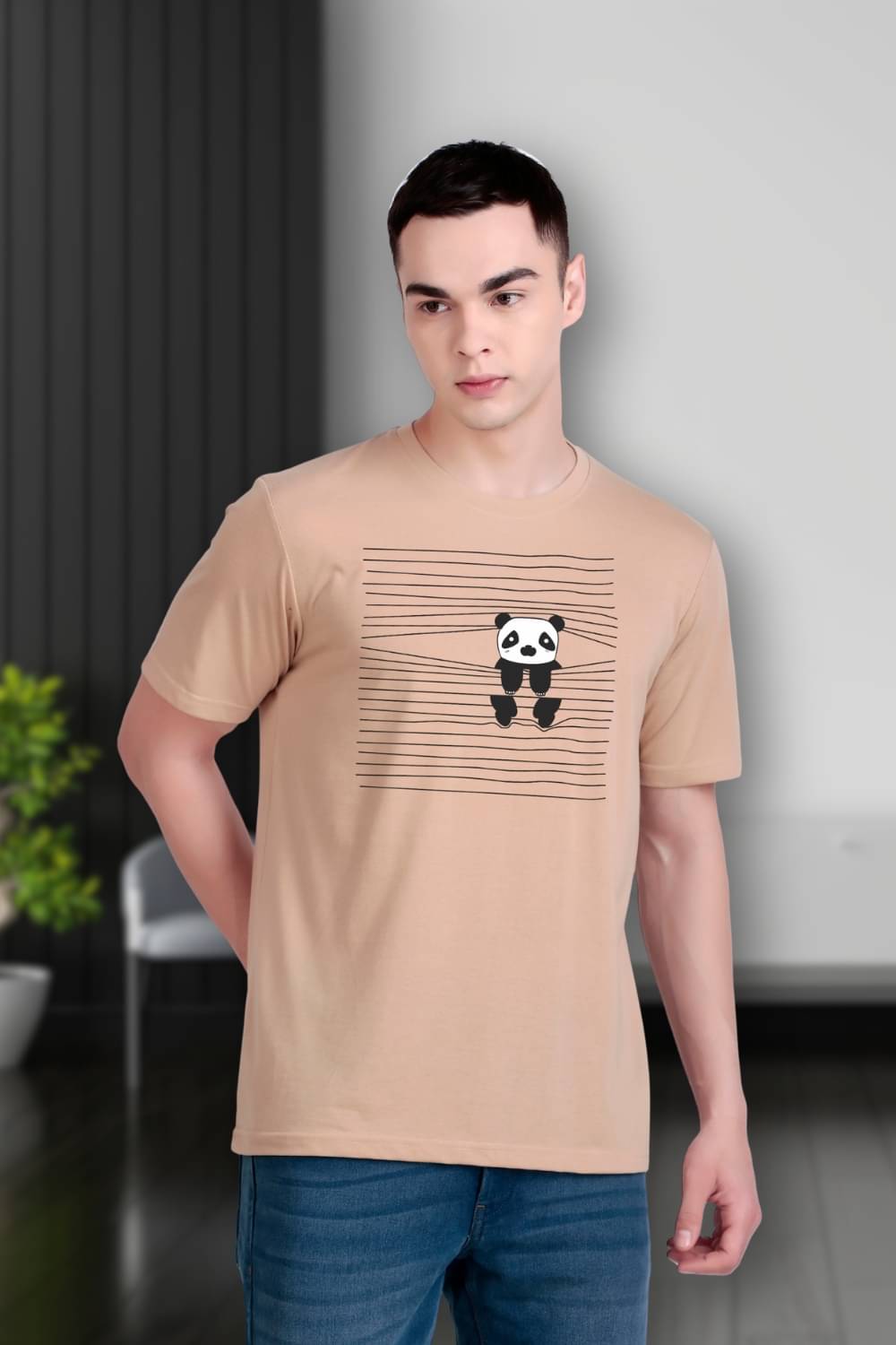 FLYIND VOGUE OUTFIT Men Polyester Regular Fit Self Design T-Shirt ( Beige )     			FLYIND VOGUE OUTFIT Men Polyester Regular Fit Self Design T-Shirt ( Beige )