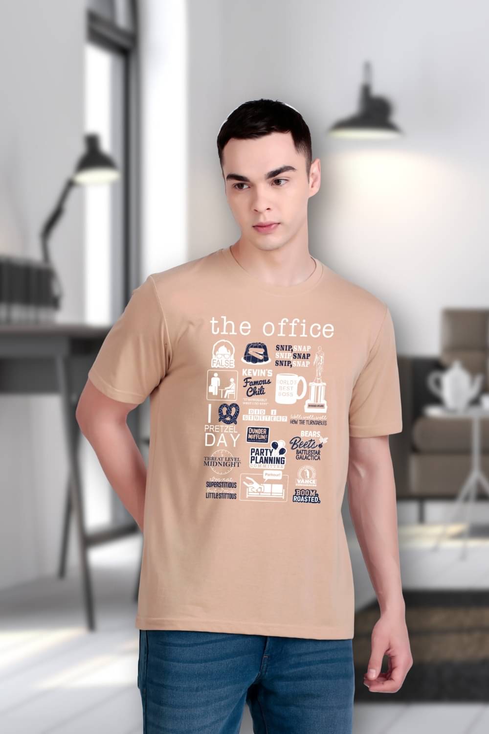 FLYIND VOGUE OUTFIT Men Polyester Regular Fit Self Design T-Shirt ( Beige )     			FLYIND VOGUE OUTFIT Men Polyester Regular Fit Self Design T-Shirt ( Beige )