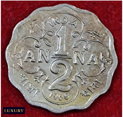     			HALF ANNA 1908 EDWARD 7TH, BRITISH INDIA EXTREMELY RARE BEAUTIFUL COIN