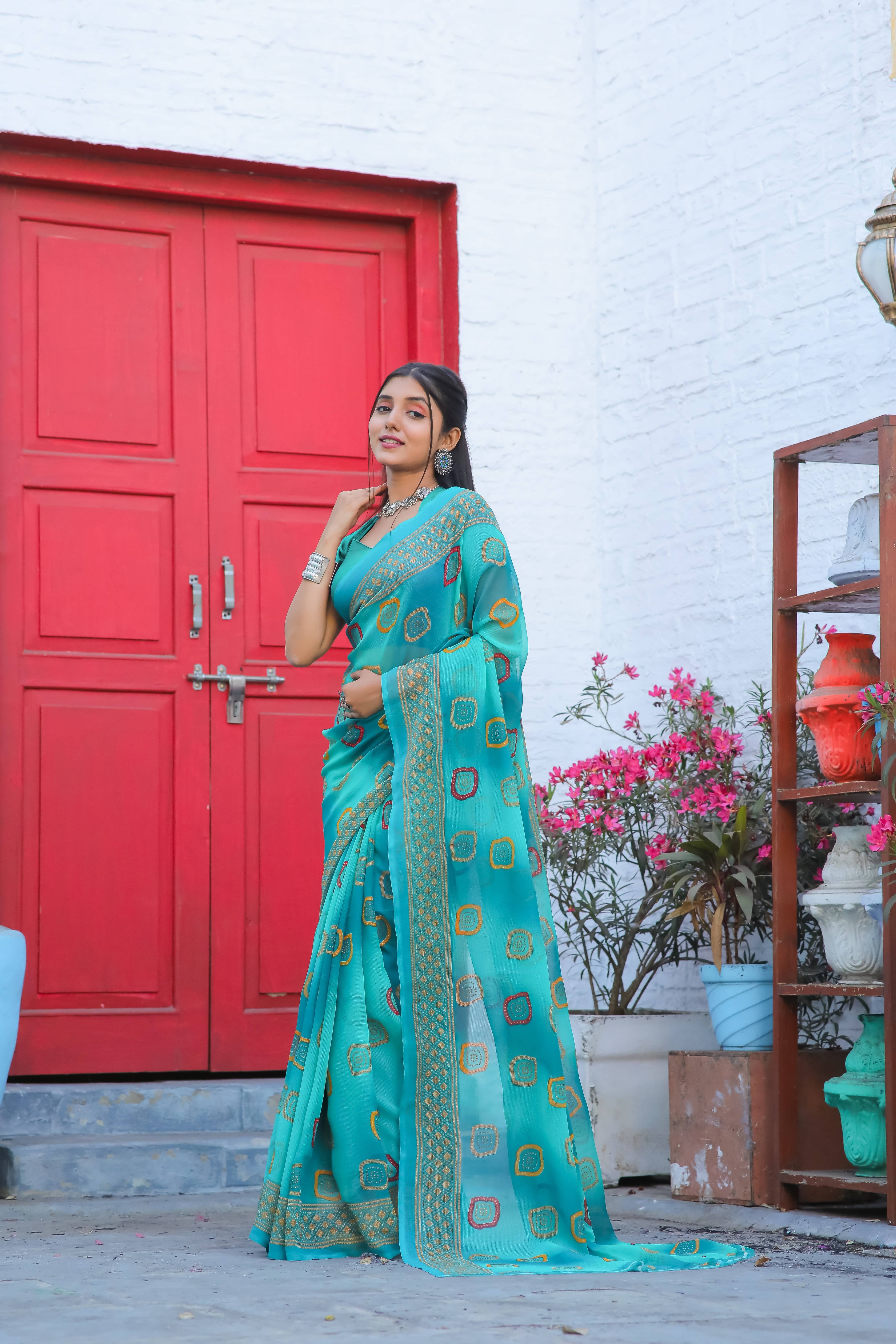     			Kanooda Prints Georgette Printed Bandhani Sarees With Unstitched Blouse Piece ( Rama )