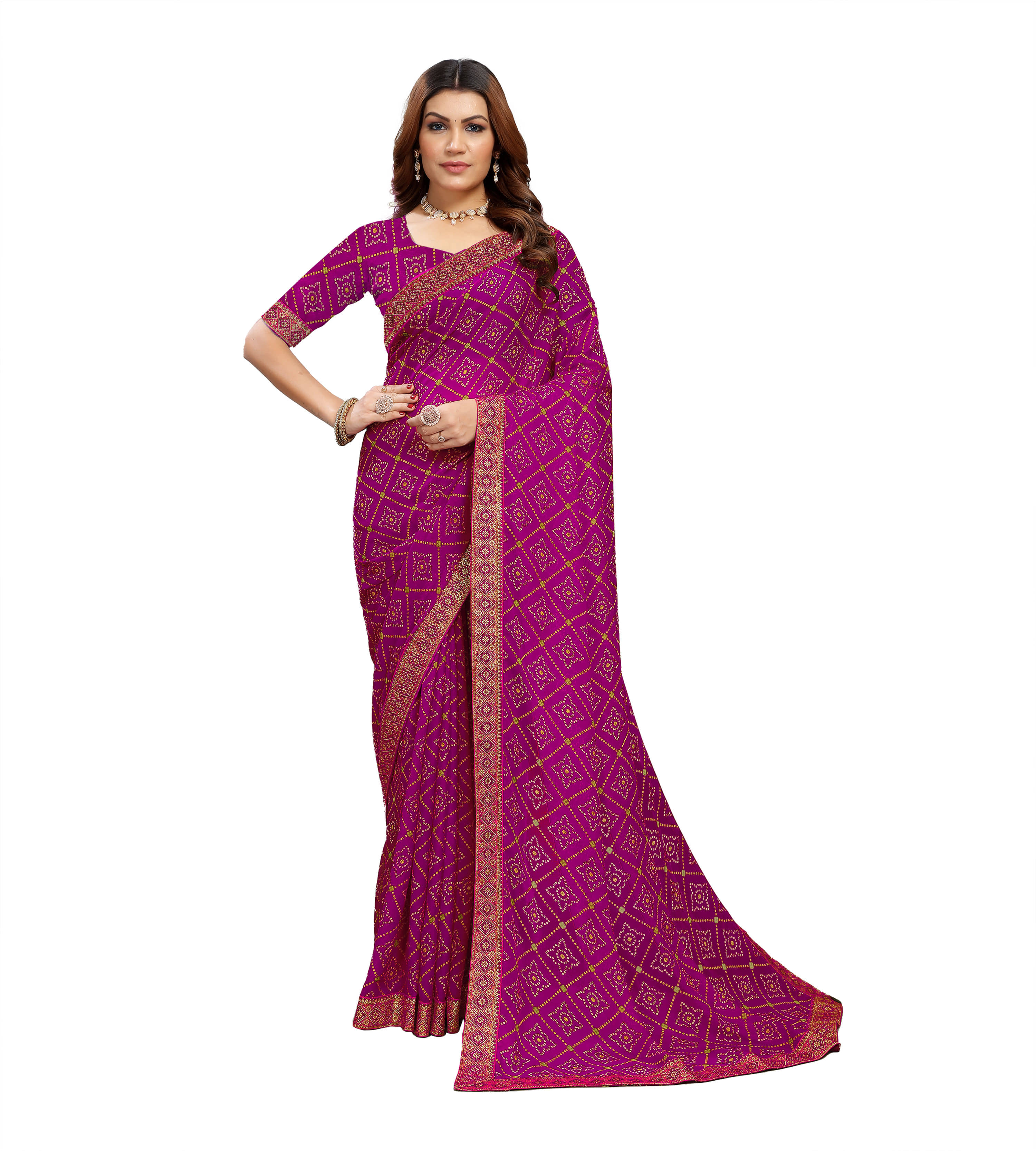 Kanooda Prints Georgette Printed Bandhani Sarees With Unstitched Blouse Piece ( Rani ) - Sarees | Buy online on ZillyBuy