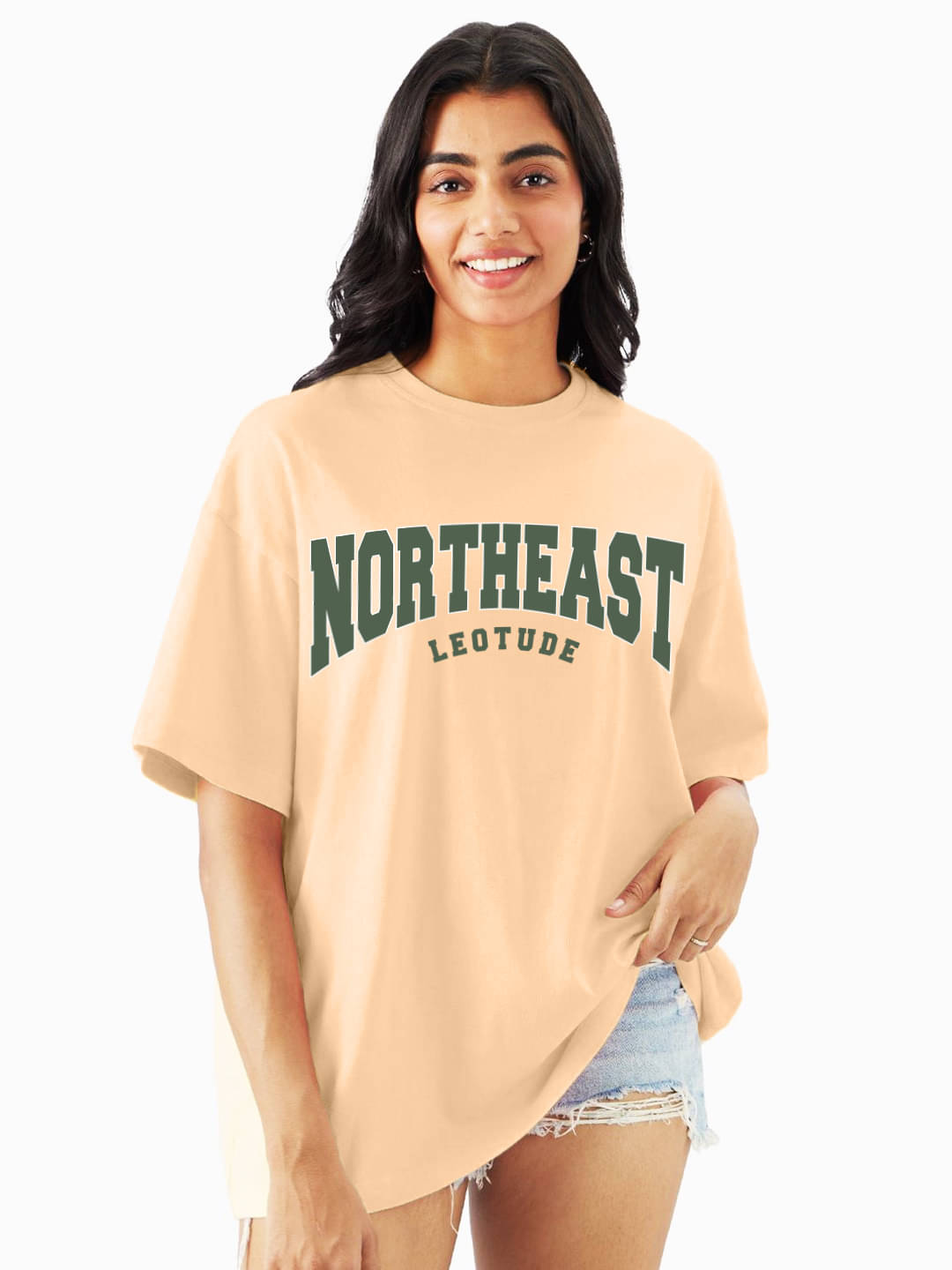     			Leotude Women Cotton Blend Printed Oversized Fit Round Neck T-Shirt ( Beige )