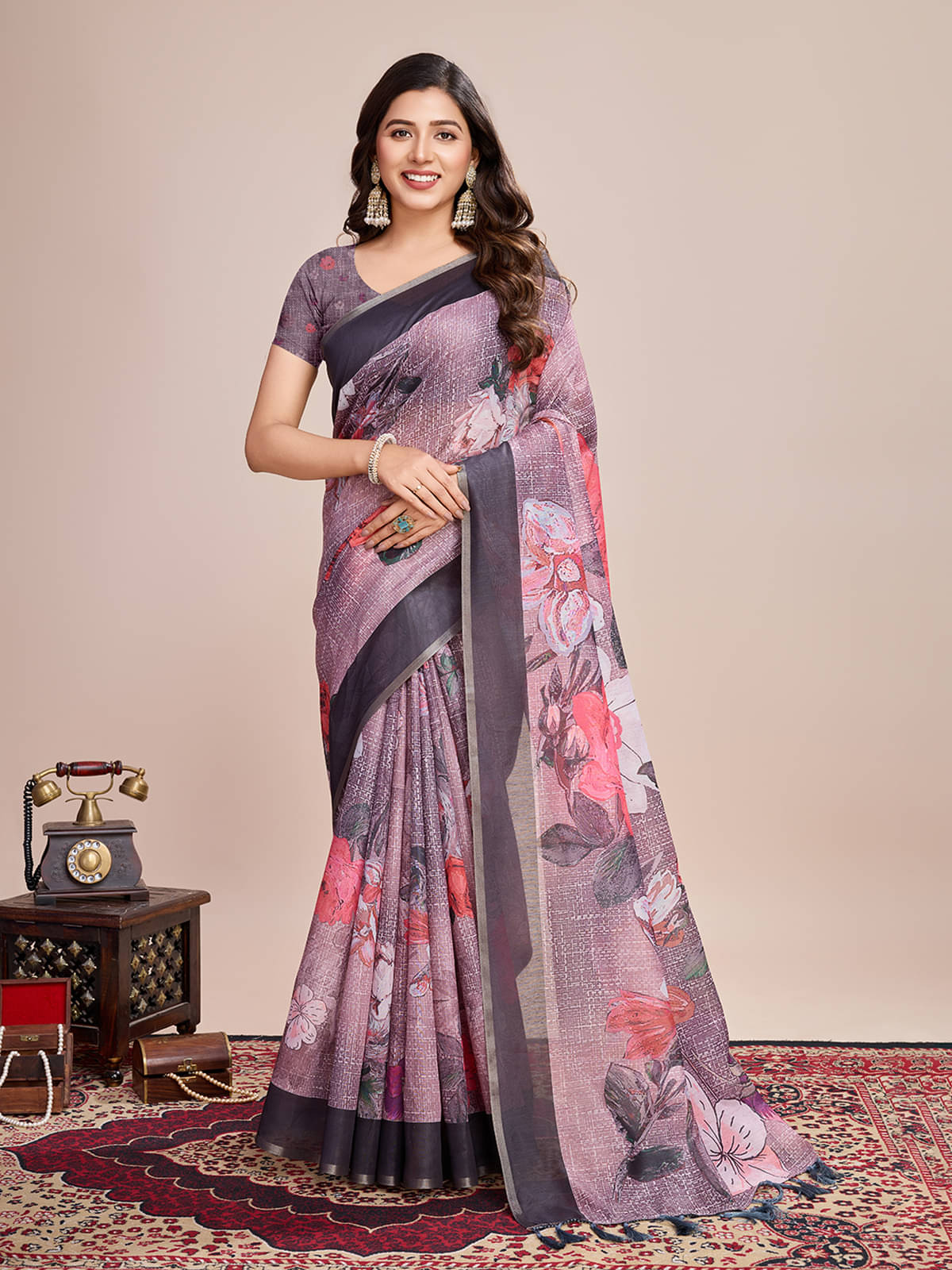 OFLINE SELCTION Linen Printed Phulkari saree With Unstitched Blouse Piece ( Coffee ) OFLINE SELCTION Linen Printed Phulkari saree With Unstitched Blouse Piece ( Coffee )