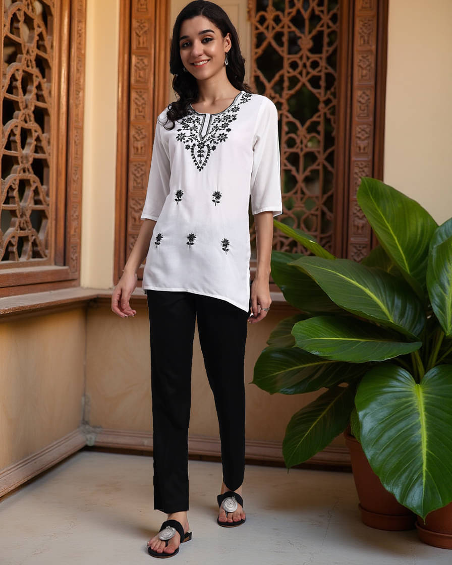     			Pannkh Women Rayon Embroidered Straight Kurti ( White )
