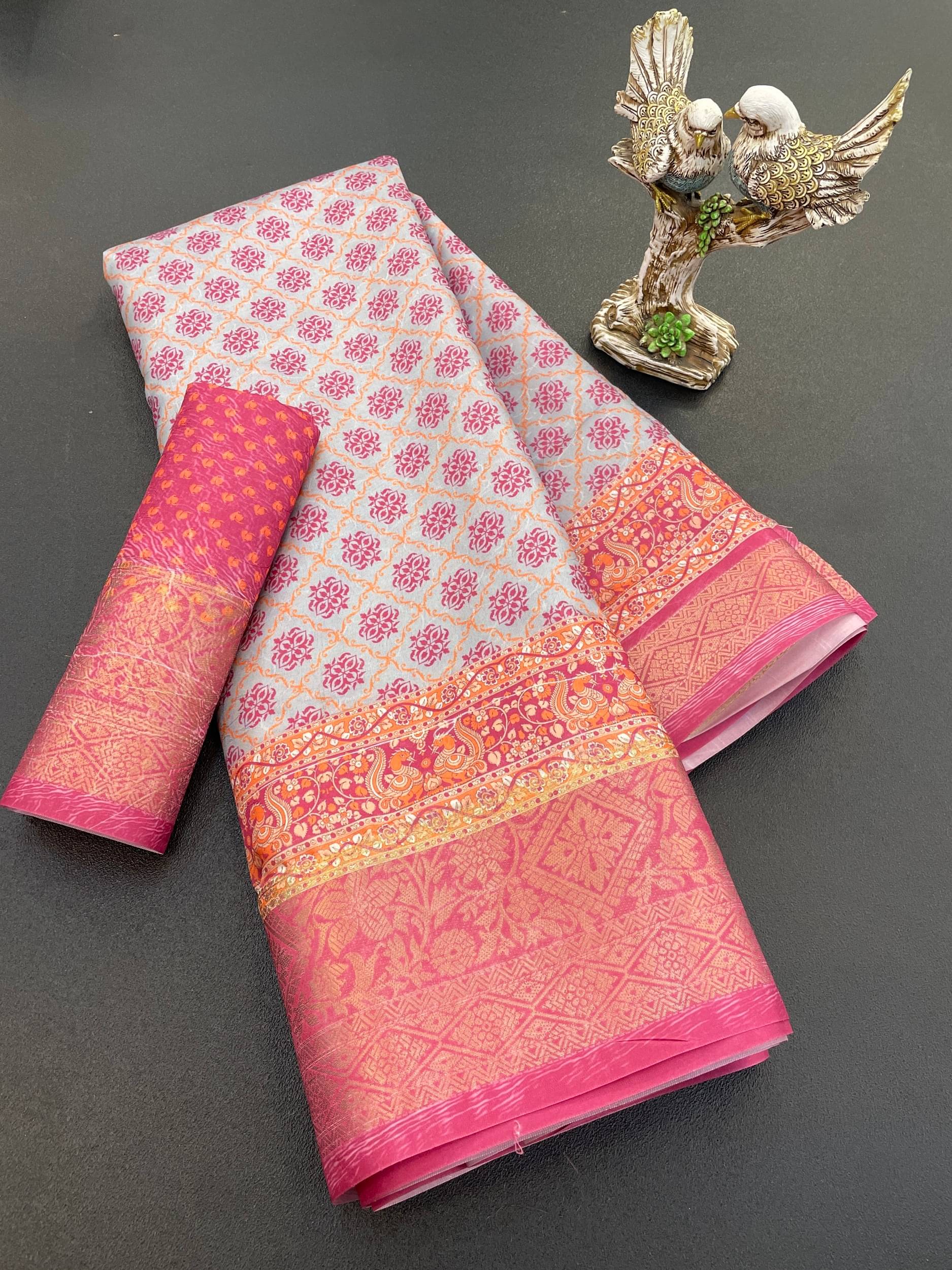     			Rangtulika Ethnics Cotton Printed Banarasi saree With Unstitched Blouse Piece ( Pink )